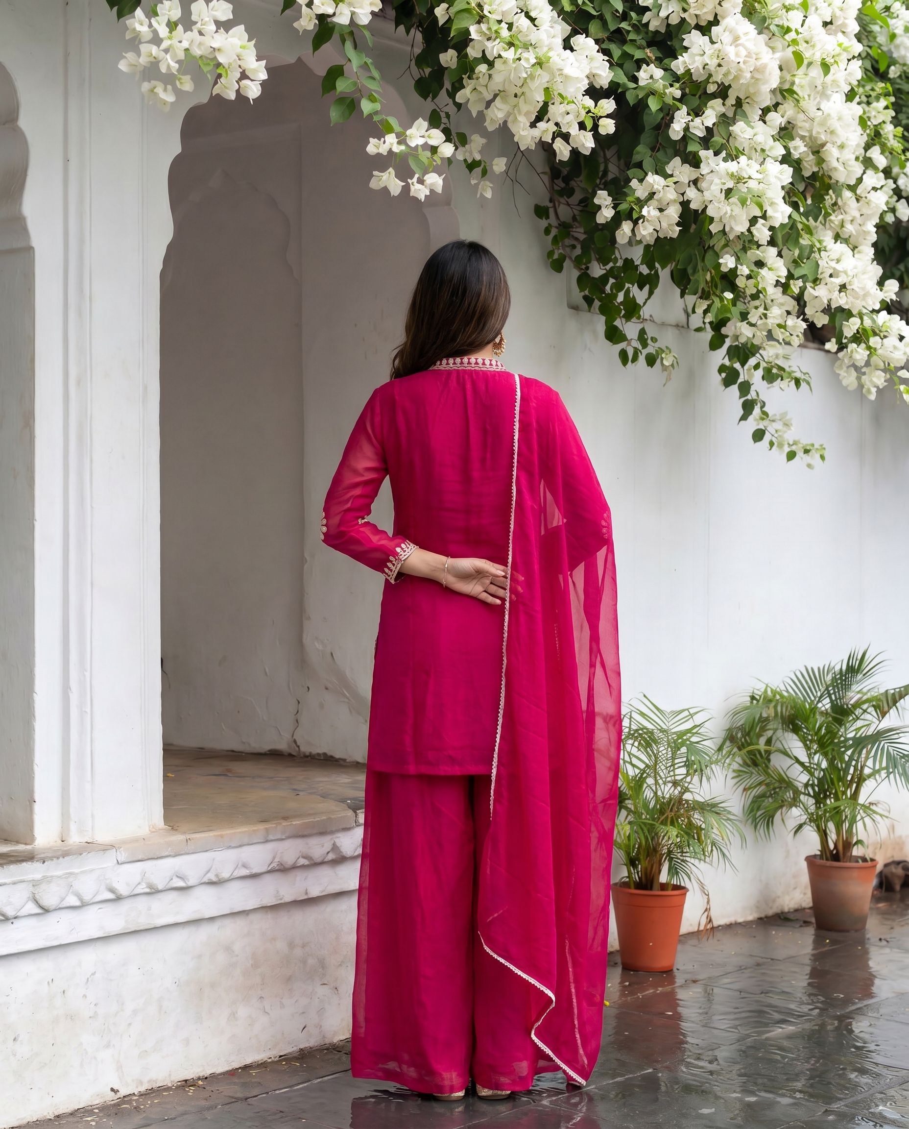 Women's Rani Pink Designer Embroidered Chinon Palazzo Suit Set with Dupatta