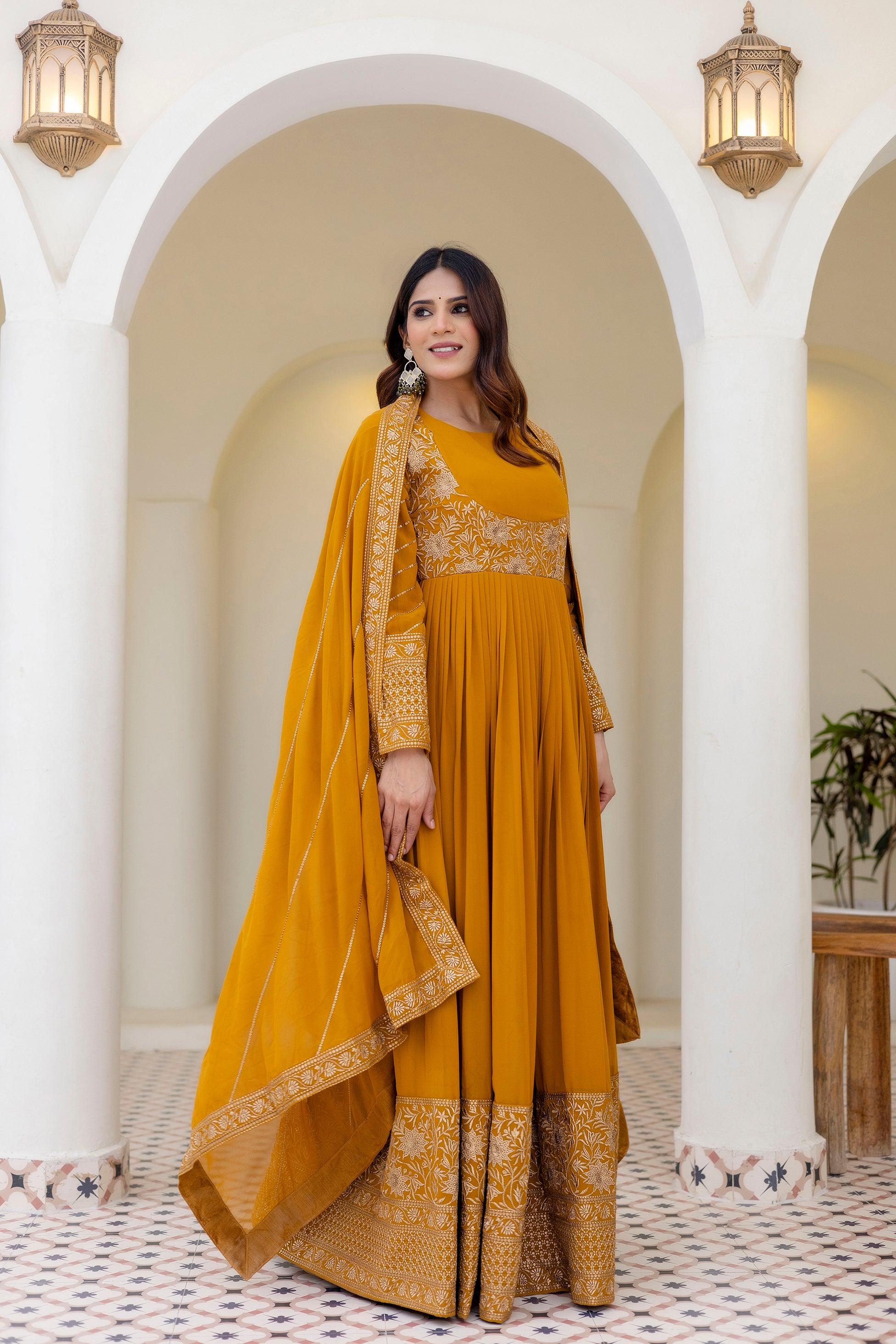 Mustard Georgette Embroidered Readymade Anarkali Gown with Dupatta