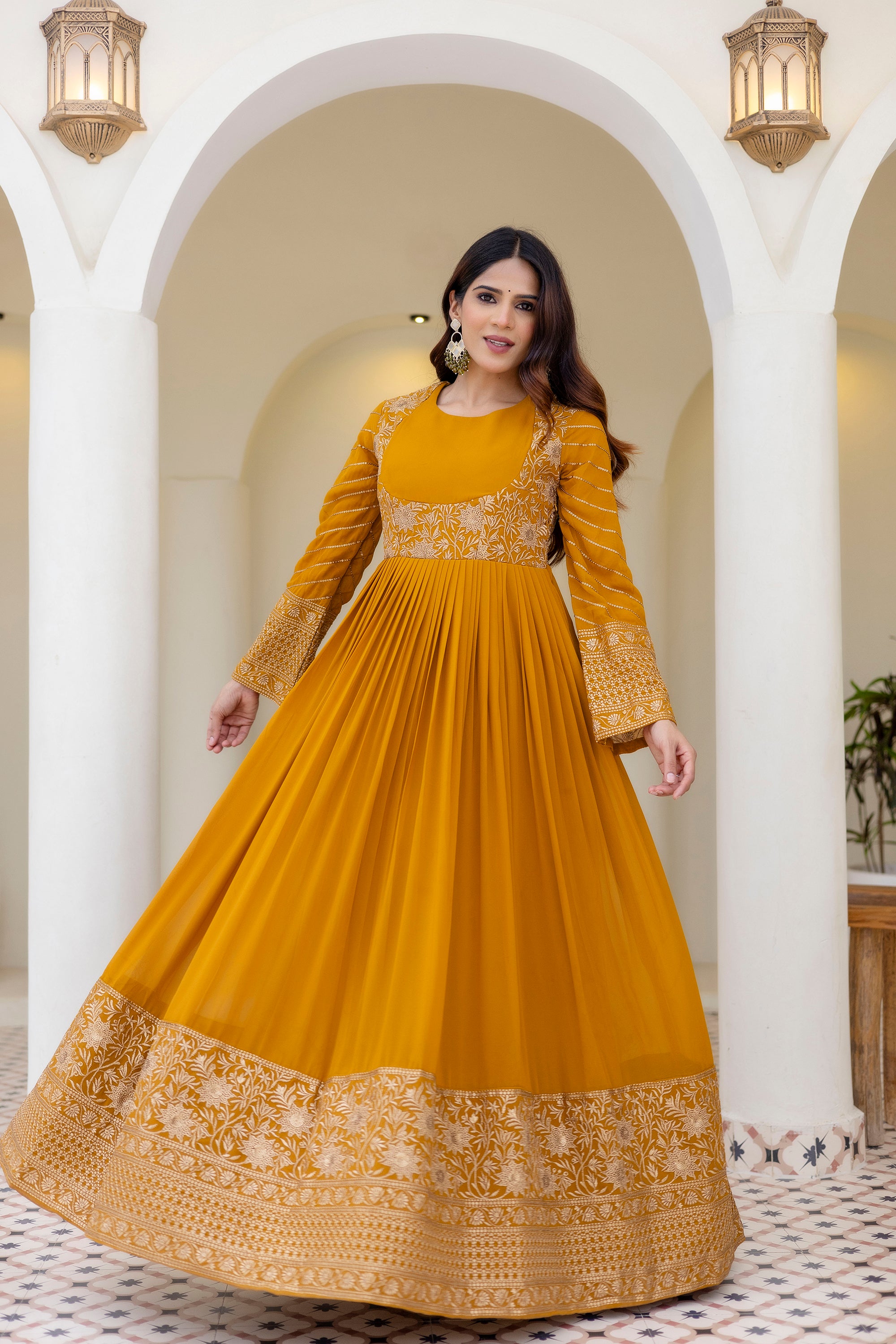 Mustard Georgette Embroidered Readymade Anarkali Gown with Dupatta