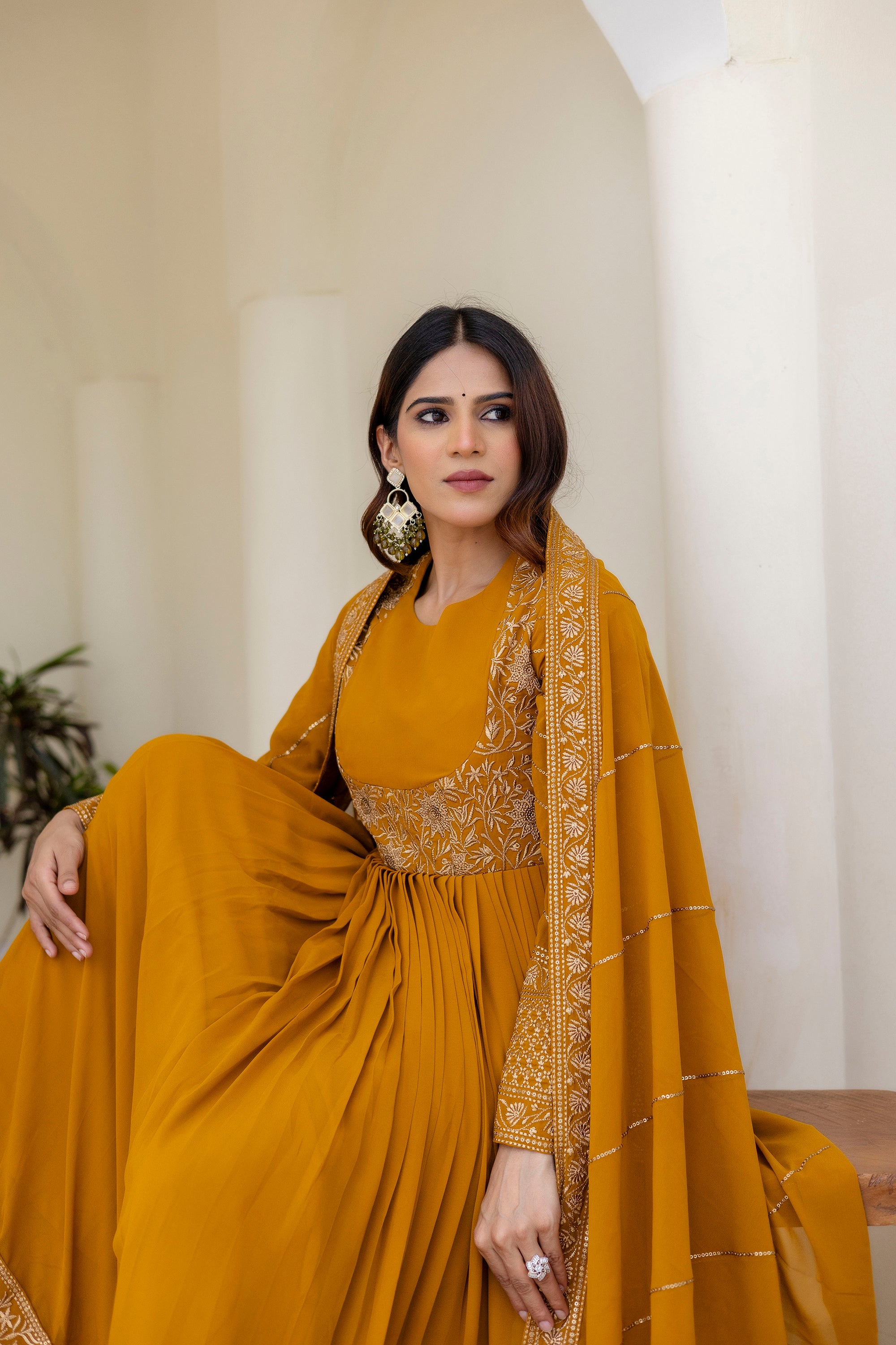 Mustard Georgette Embroidered Readymade Anarkali Gown with Dupatta