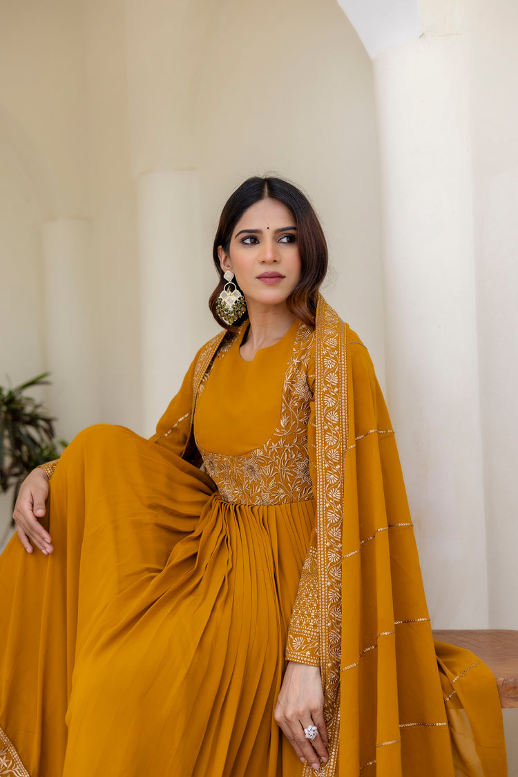Mustard Georgette Embroidered Readymade Anarkali Gown 
