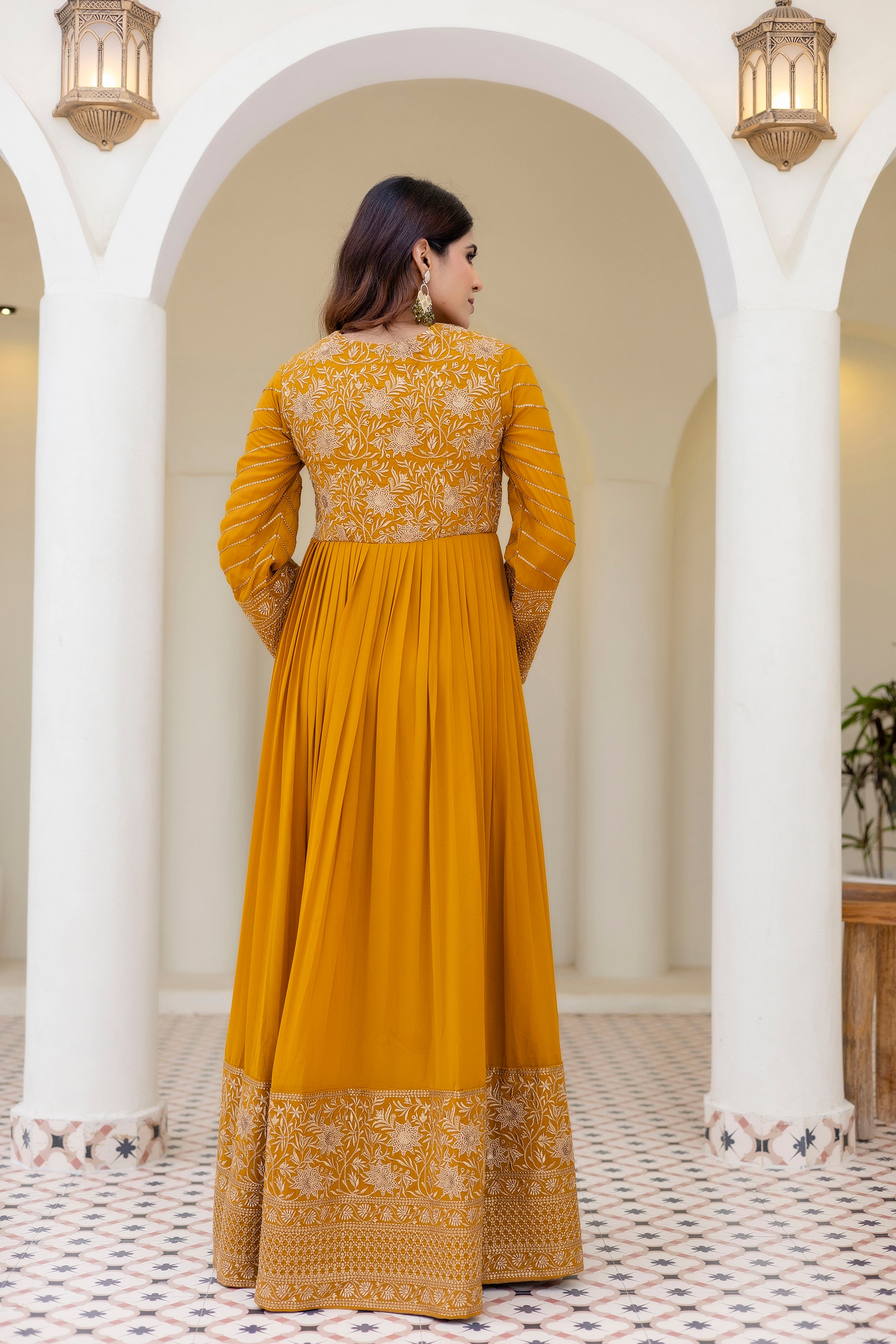 Mustard Georgette Embroidered Readymade Anarkali Gown with Dupatta