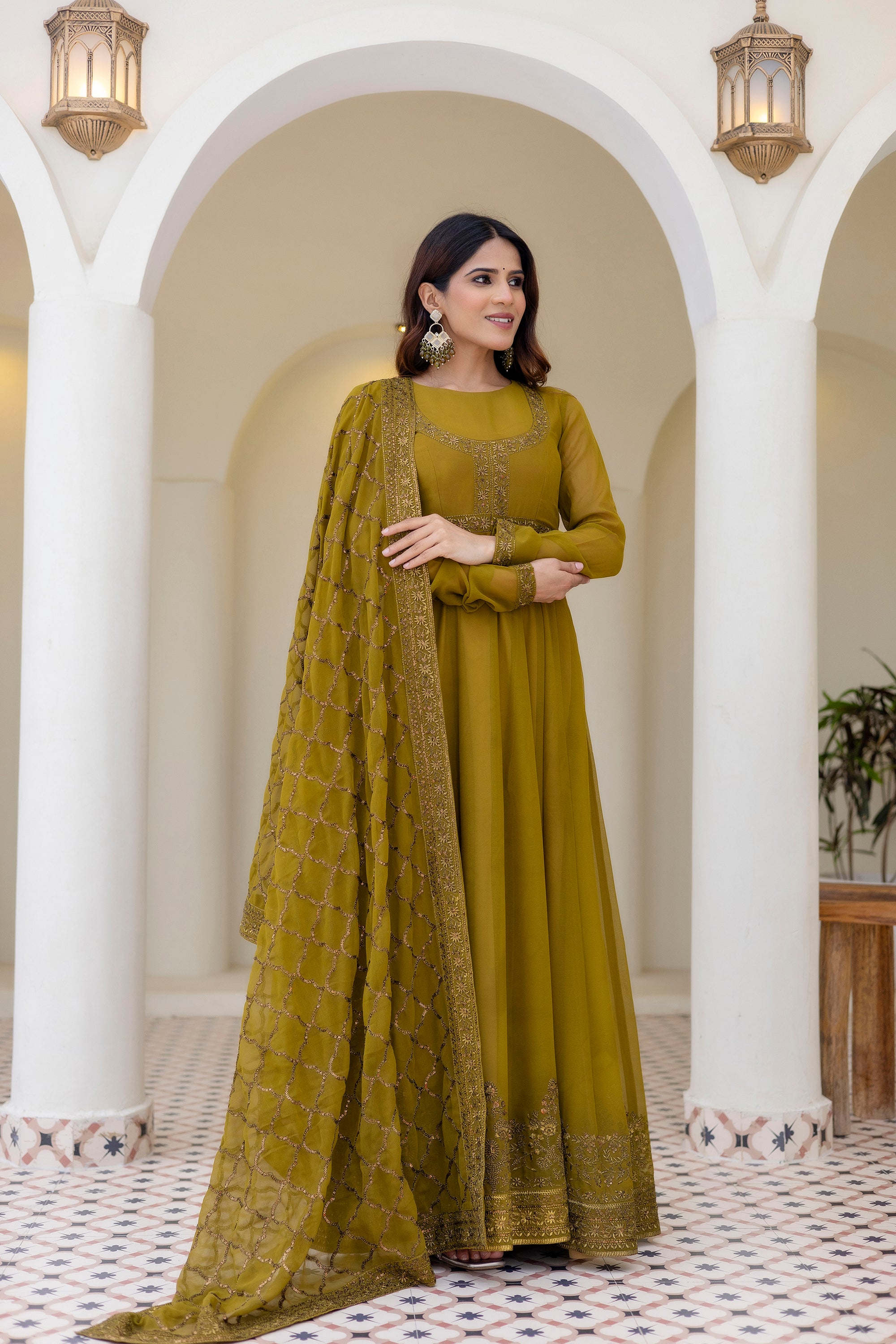 Olive Green Georgette Embroidered Readymade Anarkali Gown with Dupatta
