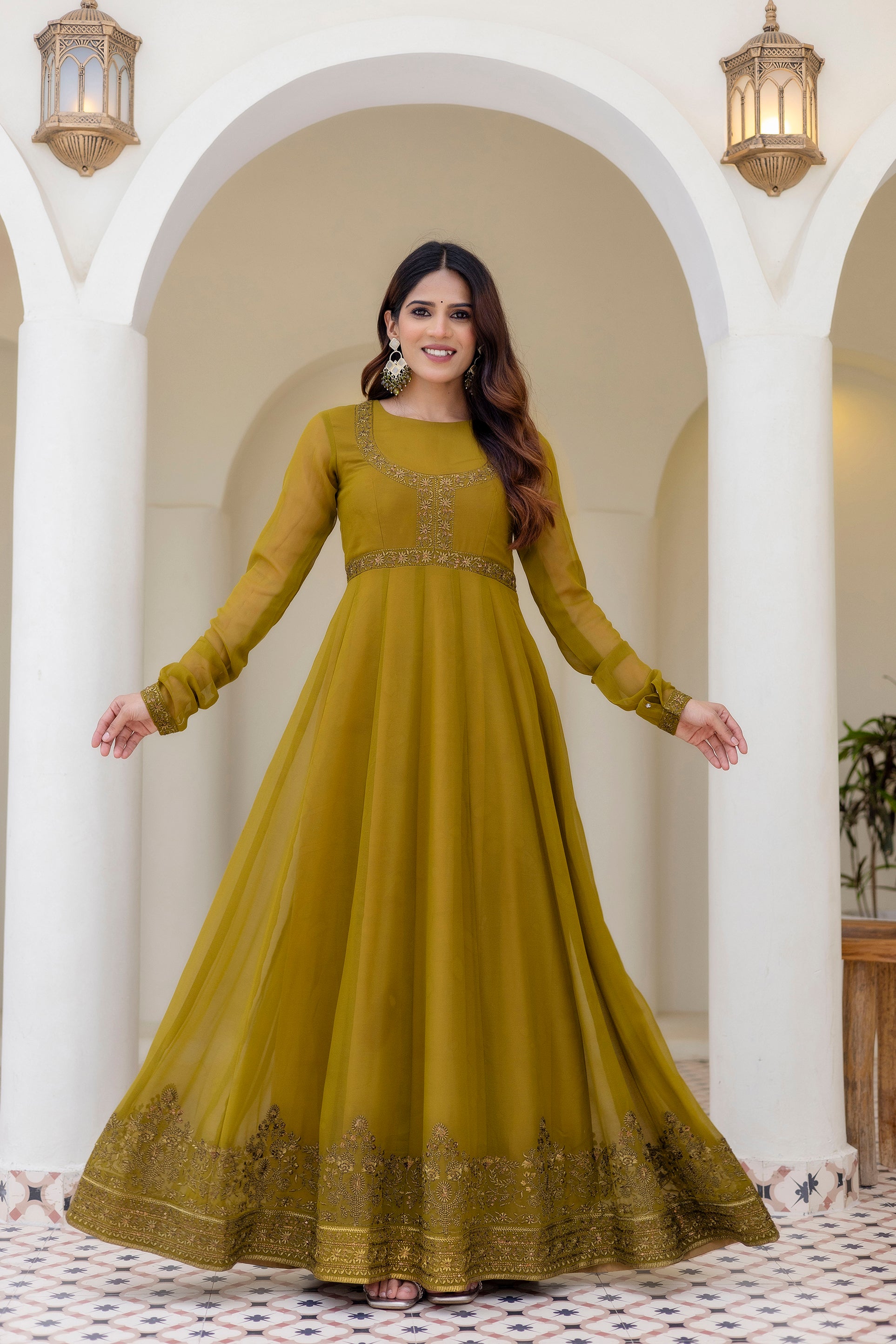 Olive Green Georgette Embroidered Readymade Anarkali Gown with Dupatta