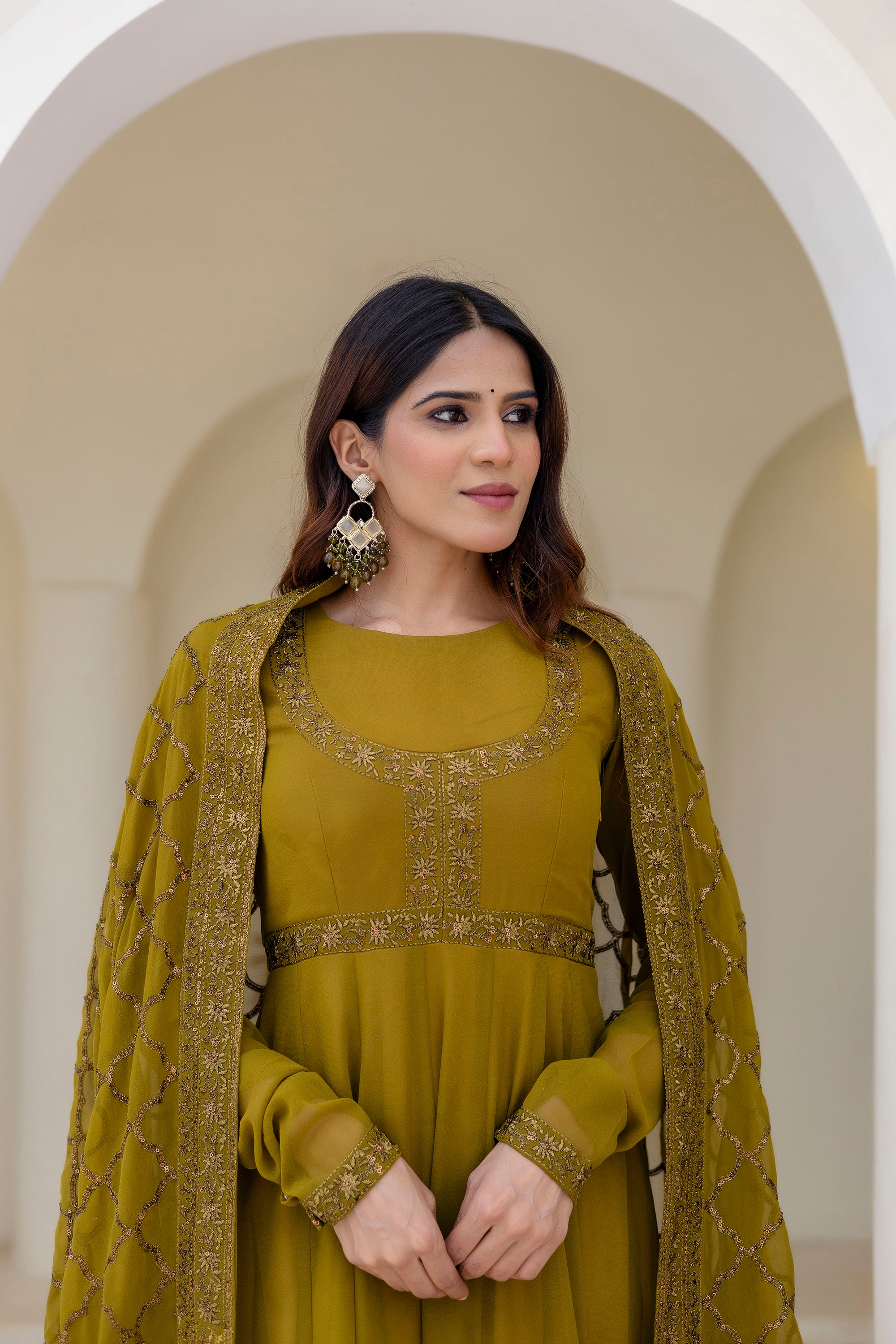 Olive Green Georgette Embroidered Readymade Anarkali Gown with Dupatta