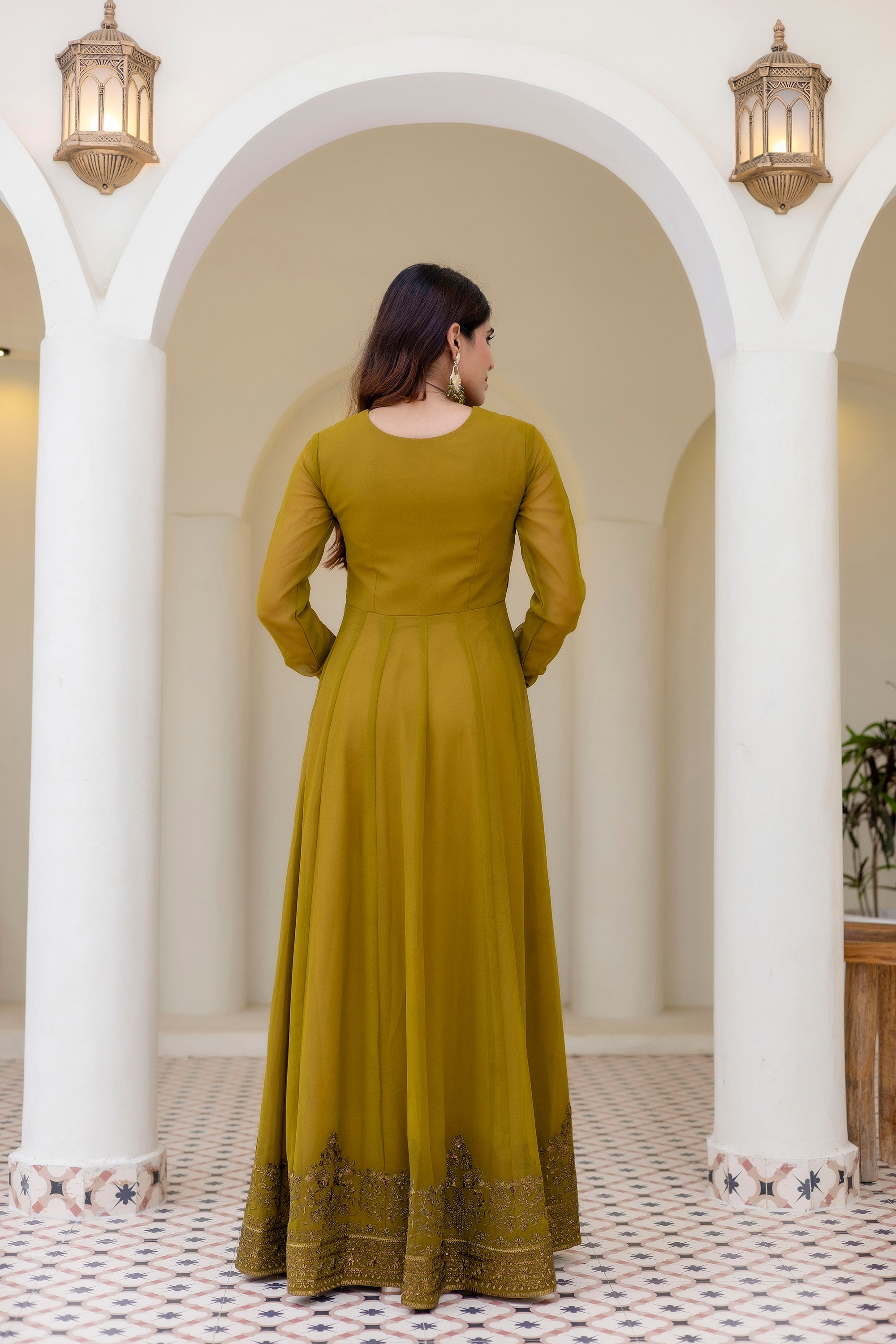 Olive Green Georgette Embroidered Readymade Anarkali Gown with Dupatta