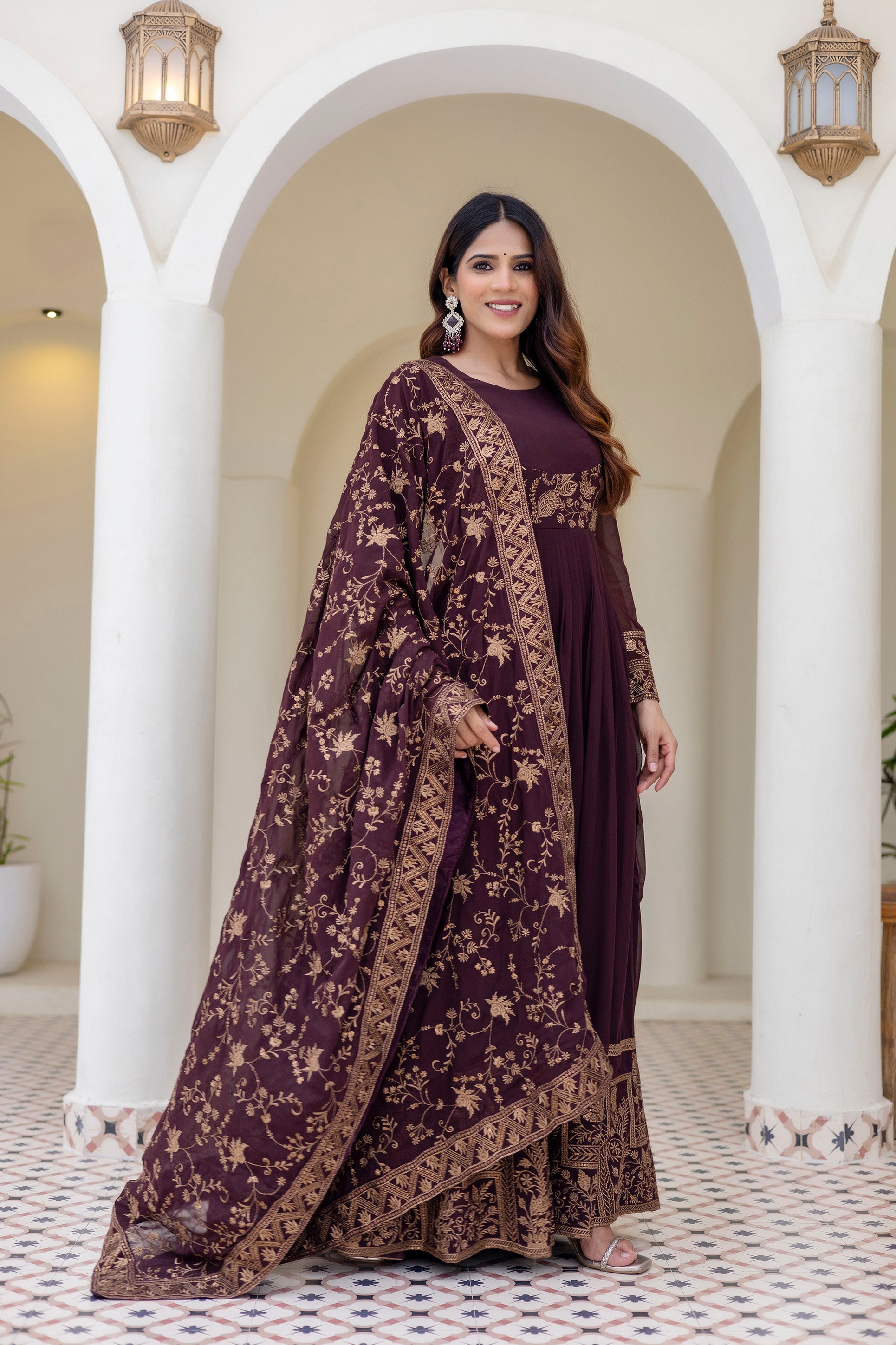 Wine Georgette Embroidered Readymade Anarkali Gown with Dupatta
