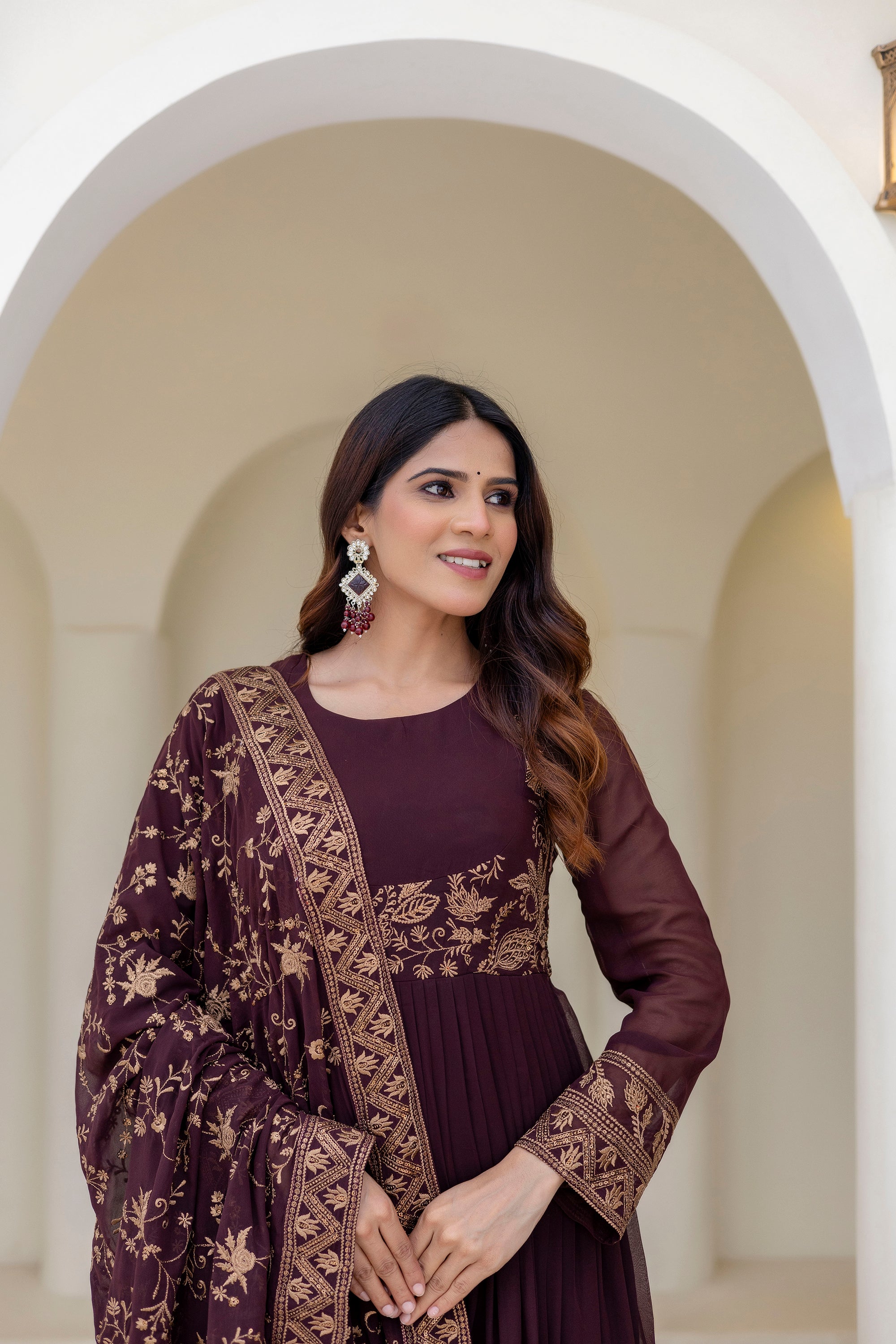 Wine Georgette Embroidered Readymade Anarkali Gown with Dupatta