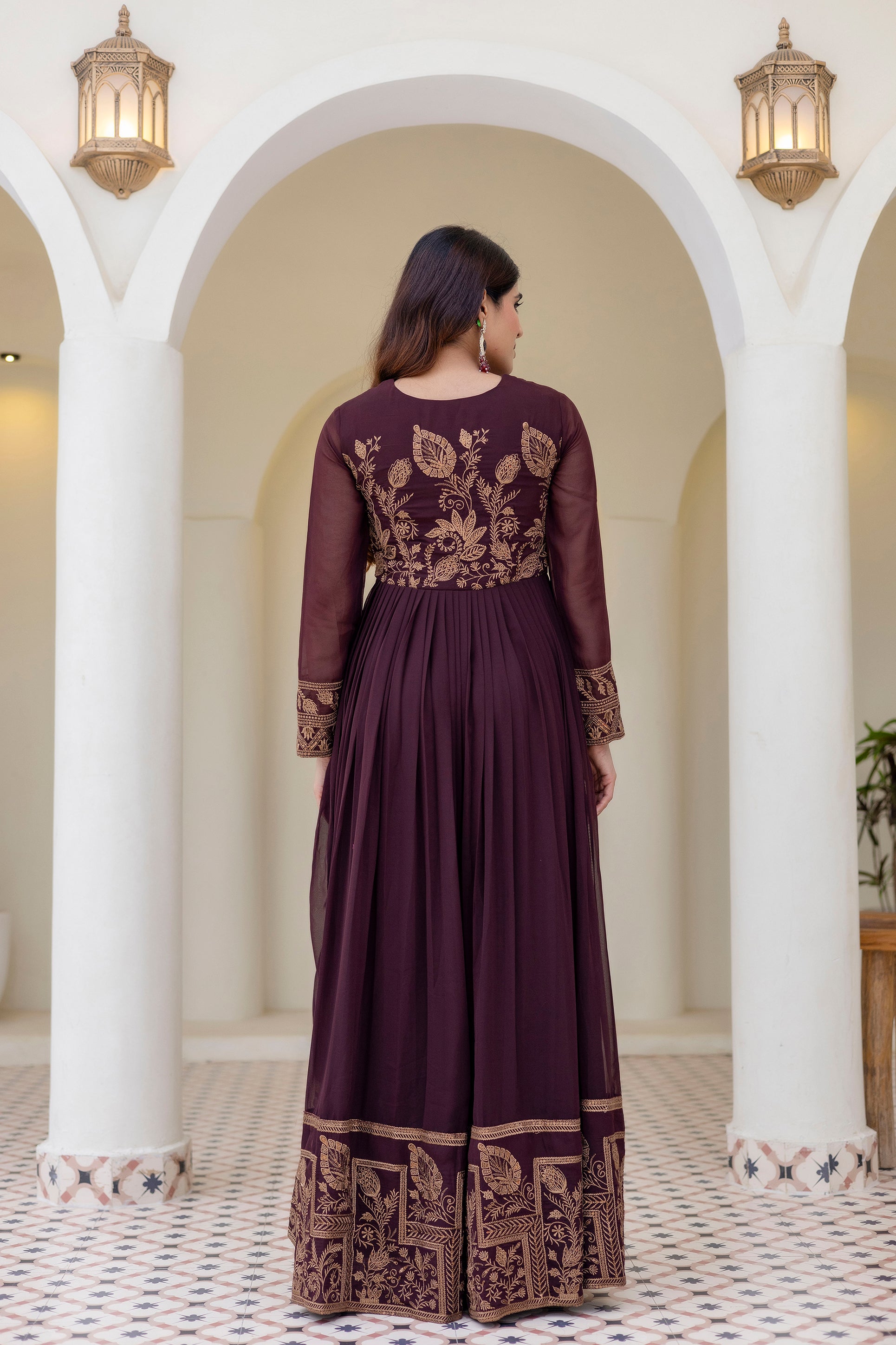 Wine Georgette Embroidered Readymade Anarkali Gown with Dupatta