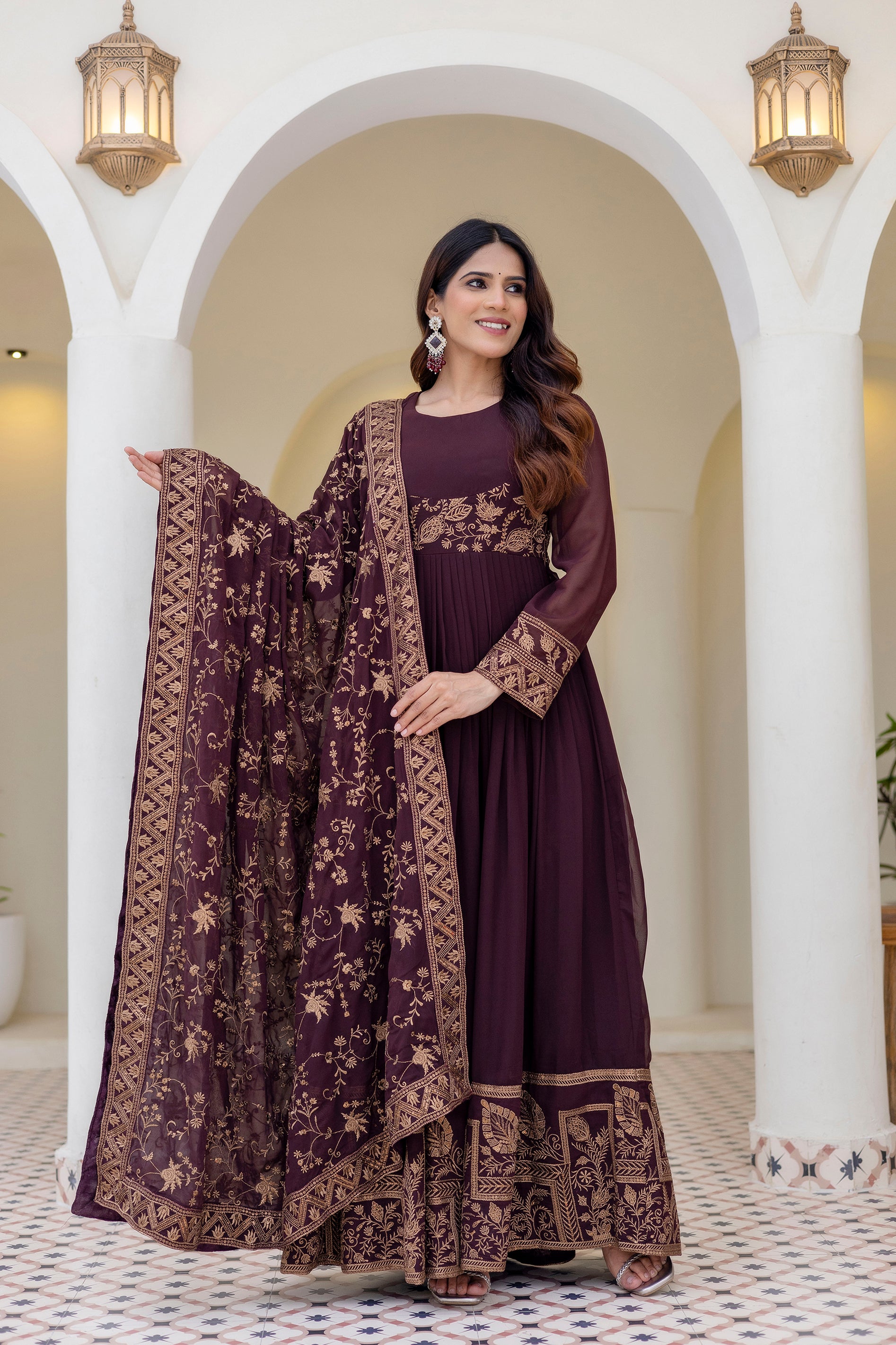 Wine Georgette Embroidered Readymade Anarkali Gown with Dupatta