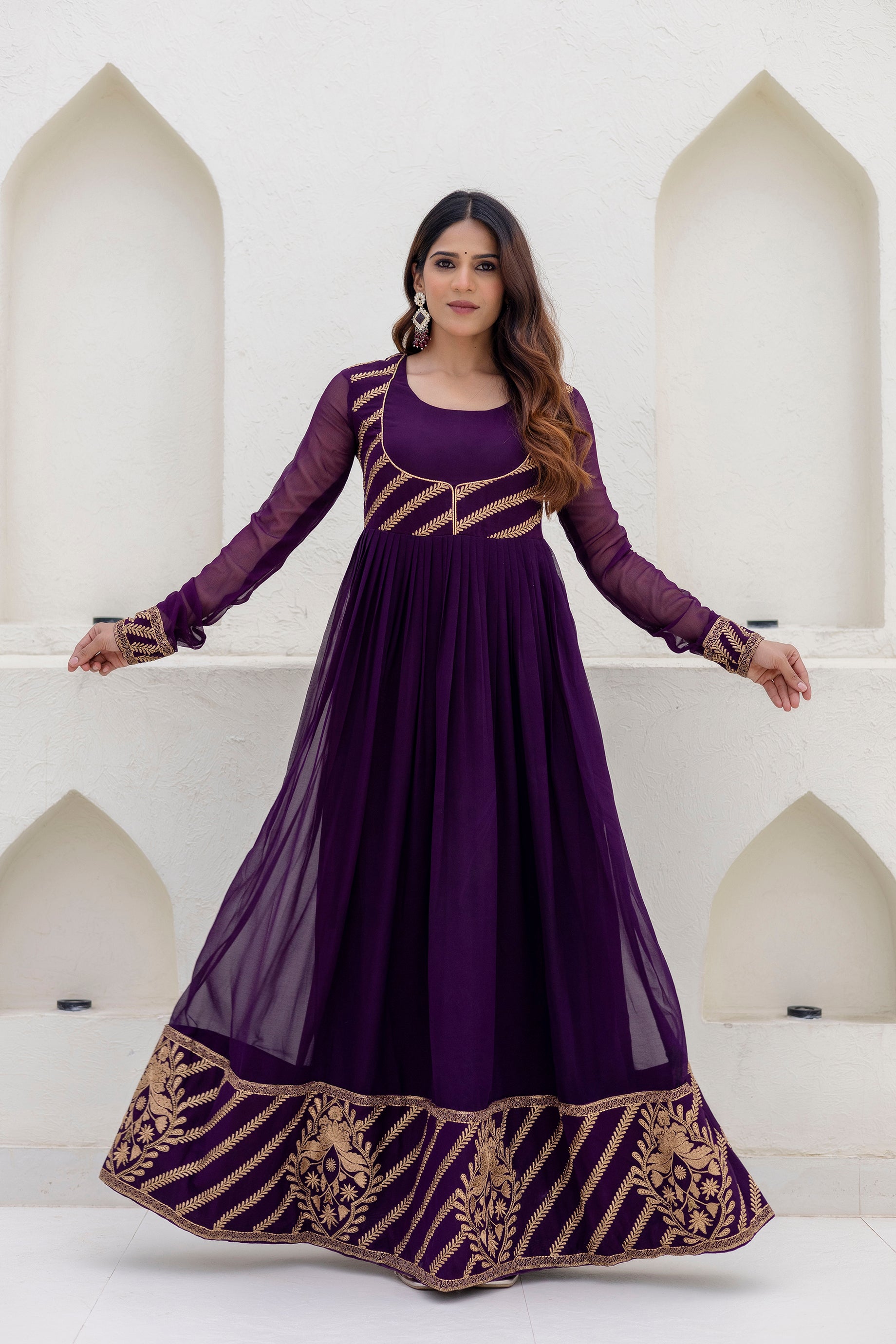 Deep Purple Georgette Embroidered Readymade Anarkali Gown with Dupatta