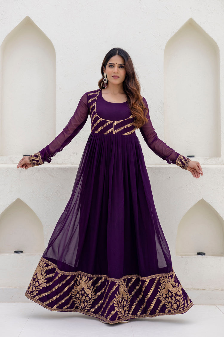 Deep Purple Georgette Embroidered Readymade Anarkali Gown 