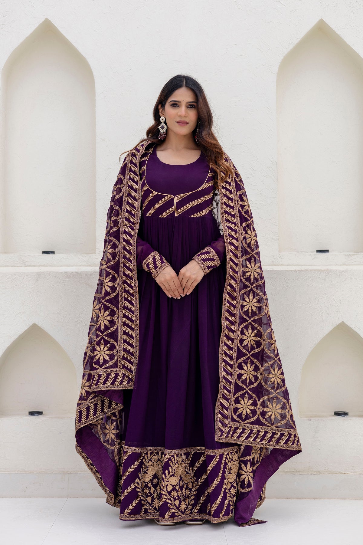 Deep Purple Georgette Embroidered Readymade Anarkali Gown with Dupatta