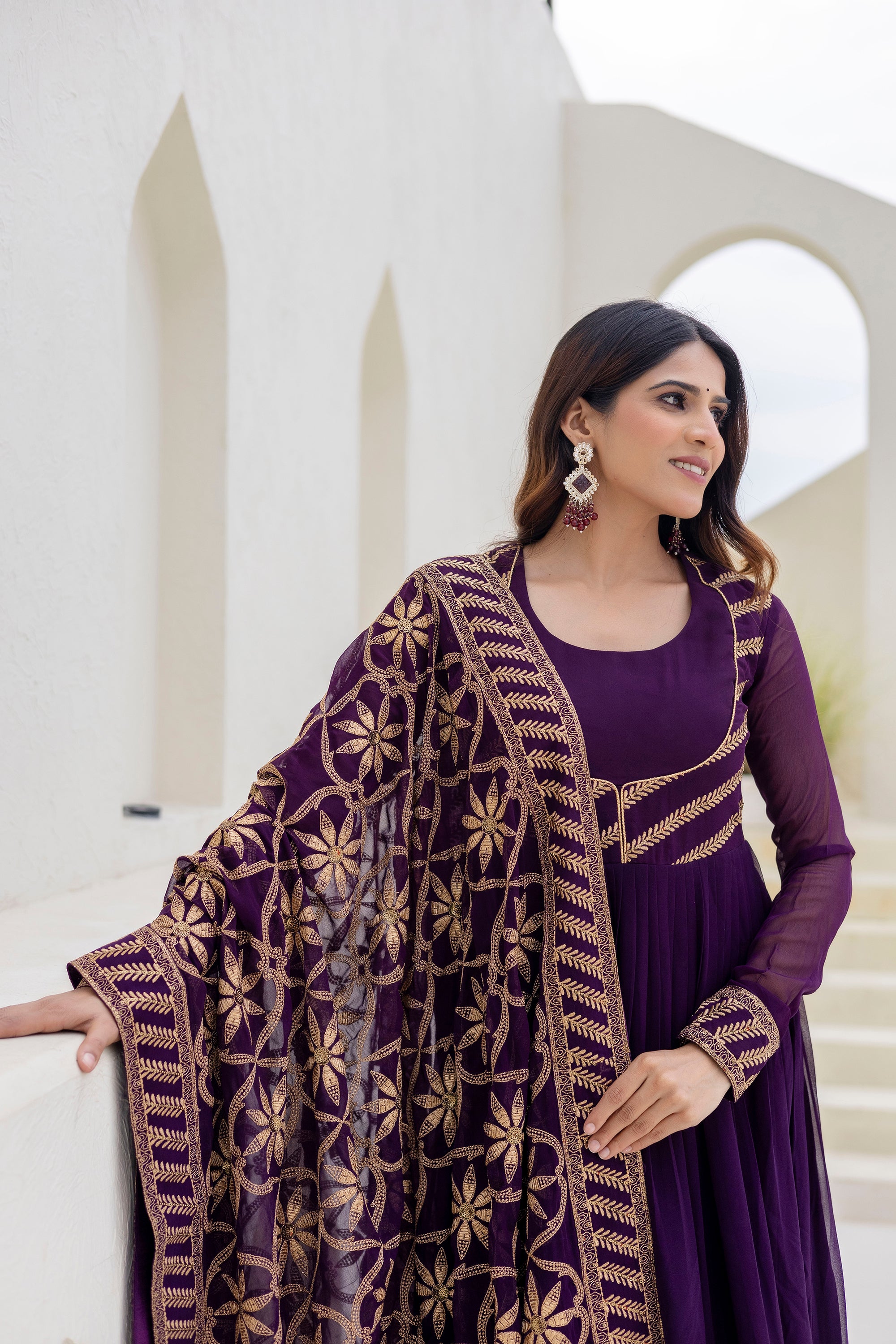Deep Purple Georgette Embroidered Readymade Anarkali Gown with Dupatta