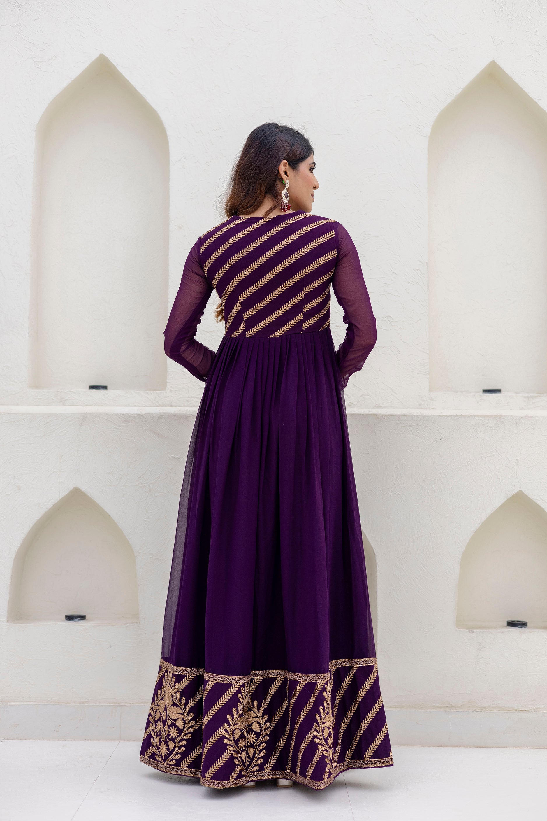 Deep Purple Georgette Embroidered Readymade Anarkali Gown with Dupatta