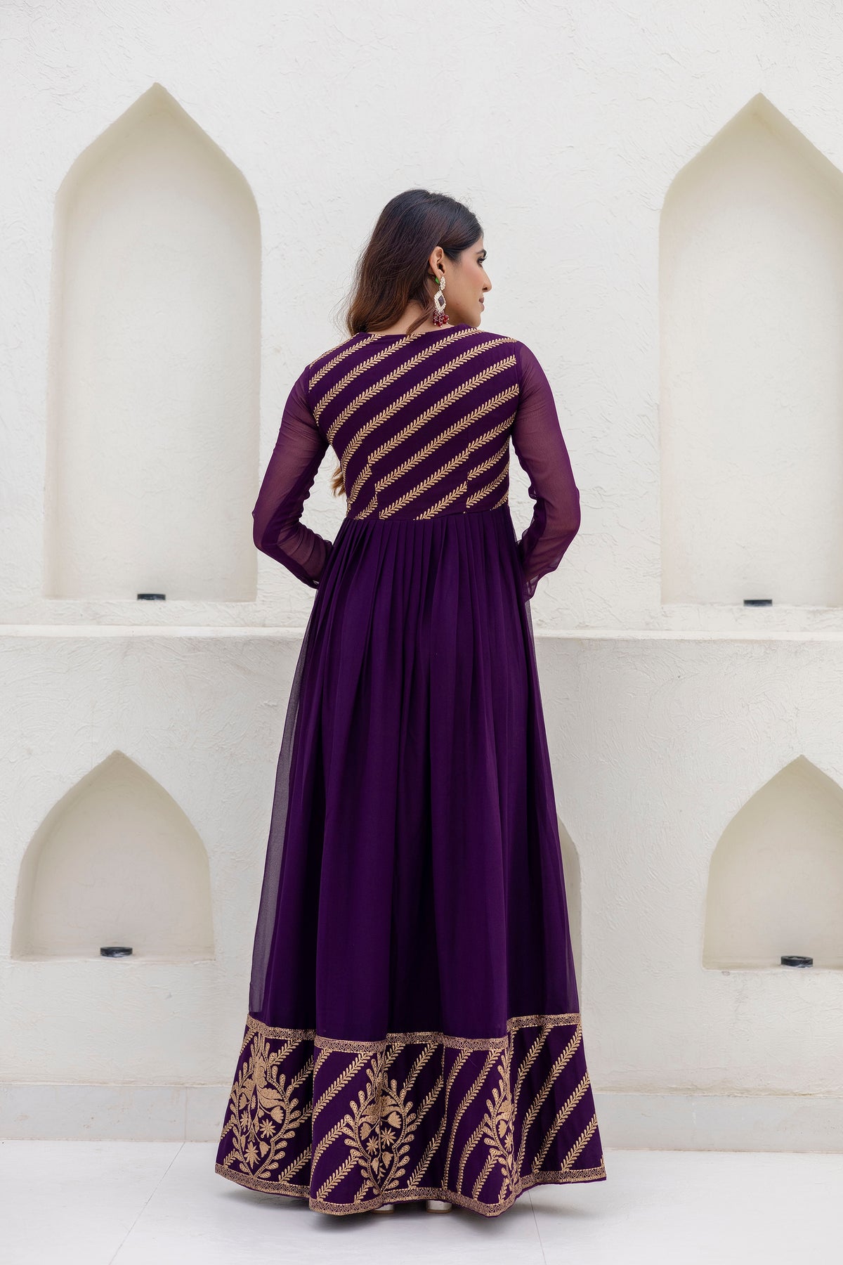 Deep Purple Georgette Embroidered Readymade Anarkali Gown 
