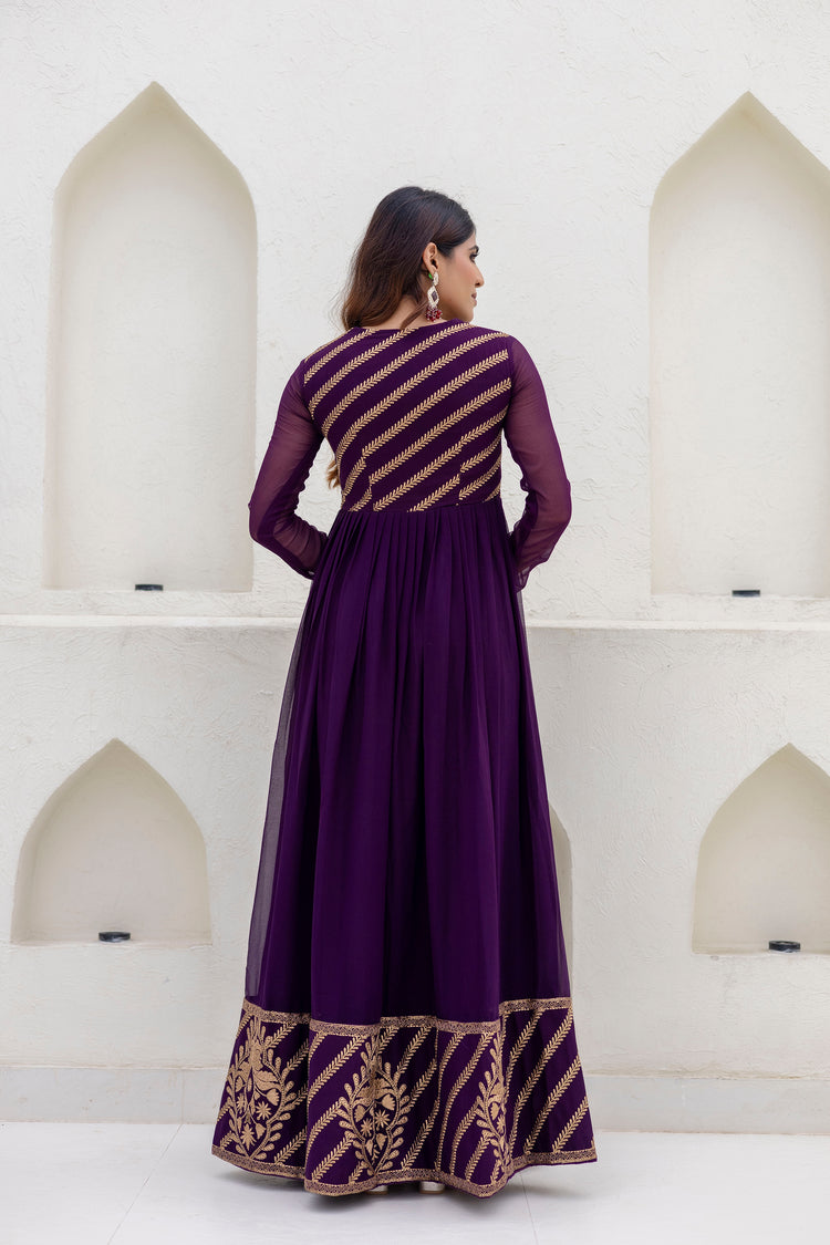 Deep Purple Georgette Embroidered Readymade Anarkali Gown 