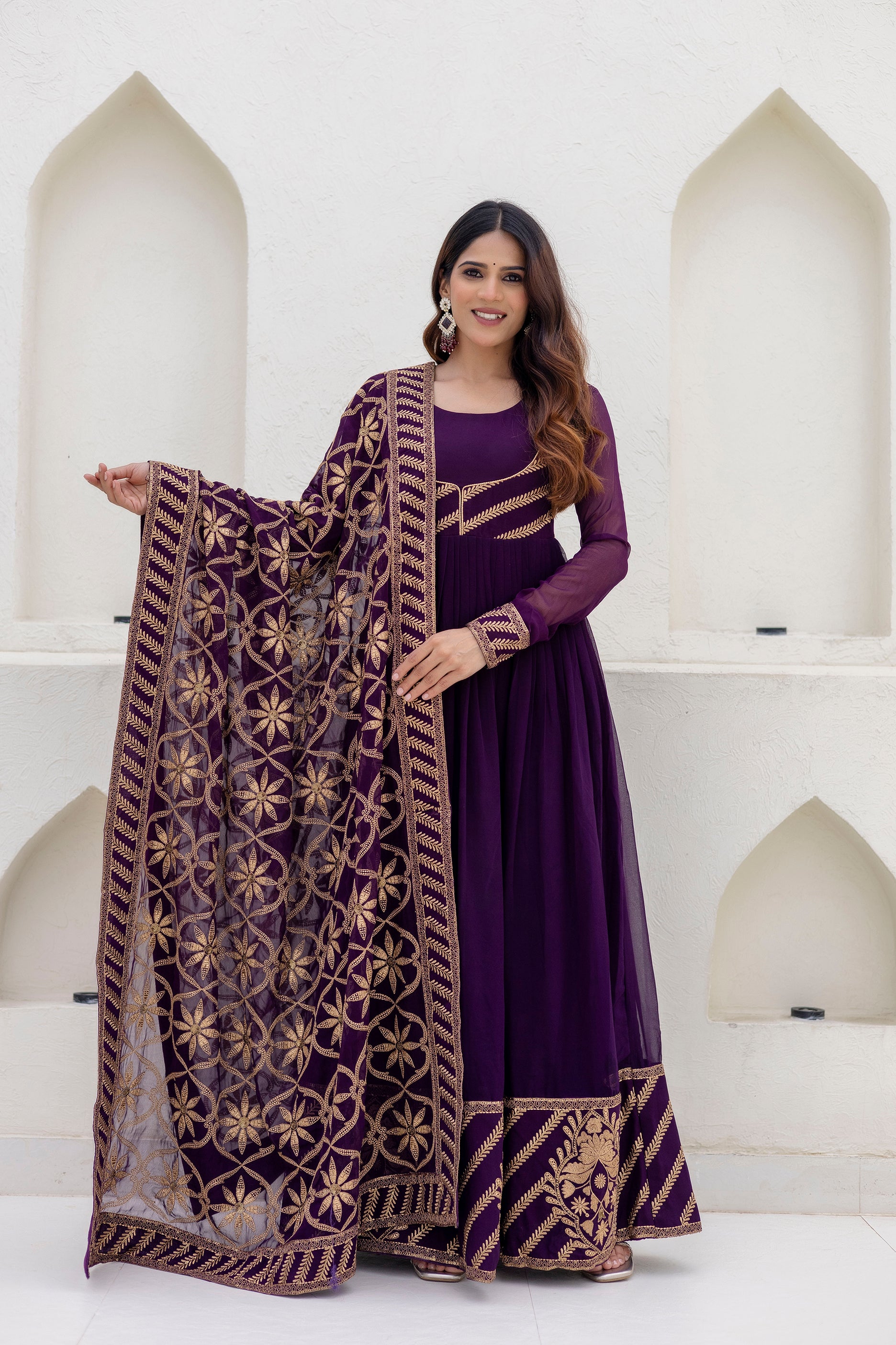 Deep Purple Georgette Embroidered Readymade Anarkali Gown with Dupatta