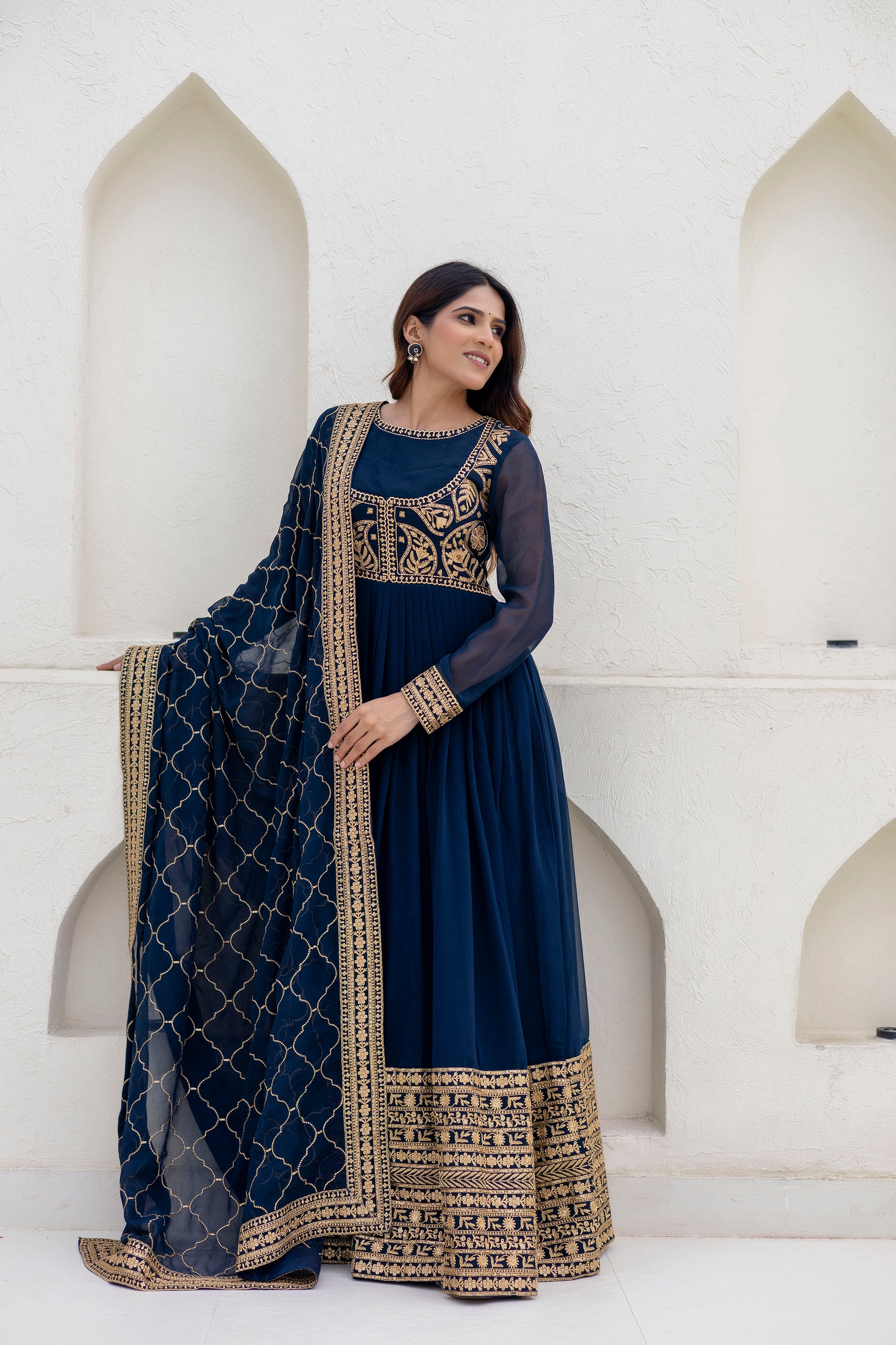 Navy Blue Georgette Embroidered Readymade Anarkali Gown with Dupatta
