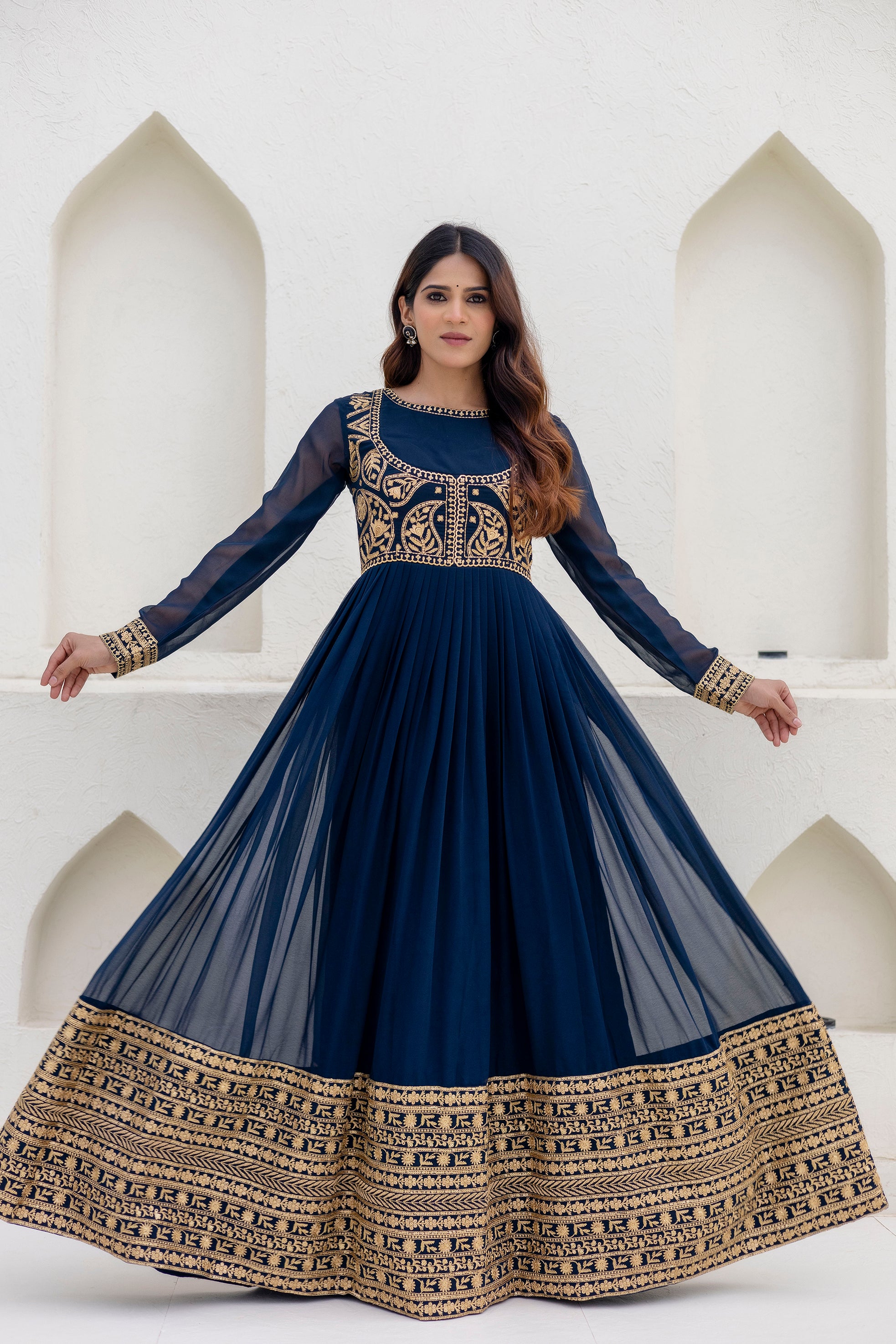 Navy Blue Georgette Embroidered Readymade Anarkali Gown with Dupatta