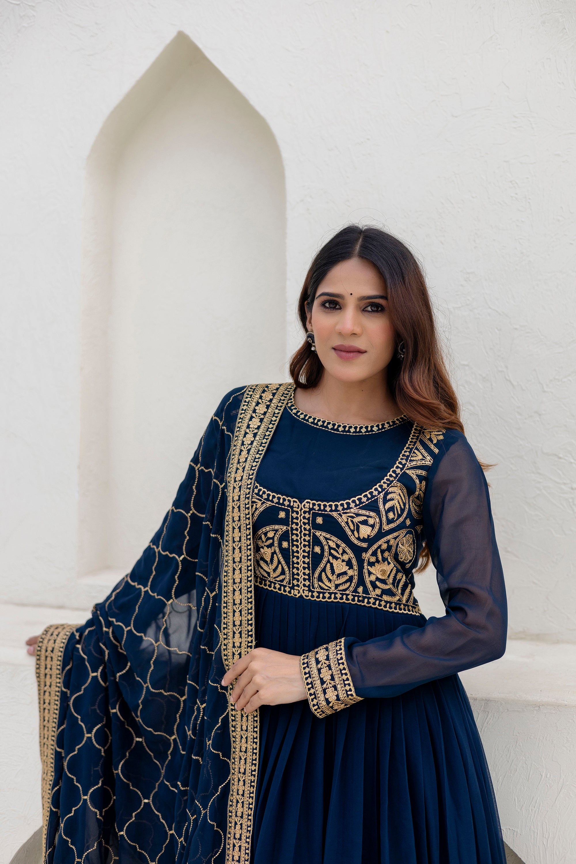 Navy Blue Georgette Embroidered Readymade Anarkali Gown with Dupatta