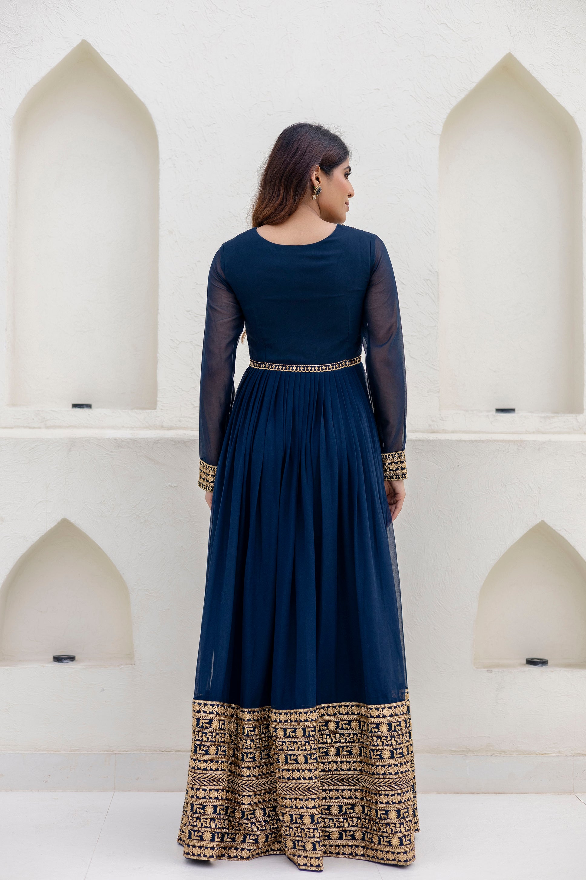 Navy Blue Georgette Embroidered Readymade Anarkali Gown with Dupatta
