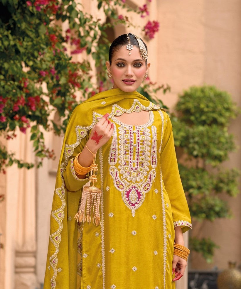 Mustard Yellow Designer Embroidered Chinon Palazzo Suit with Dupatta