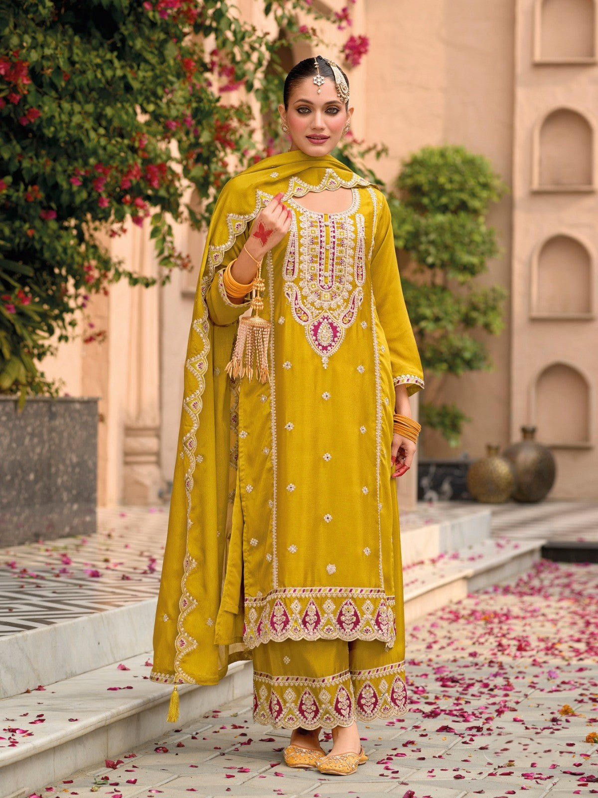 Mustard Yellow Designer Embroidered Chinon Palazzo Suit with Dupatta
