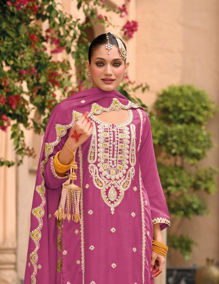 Magenta Designer Embroidered Chinon Palazzo Suit with Dupatta