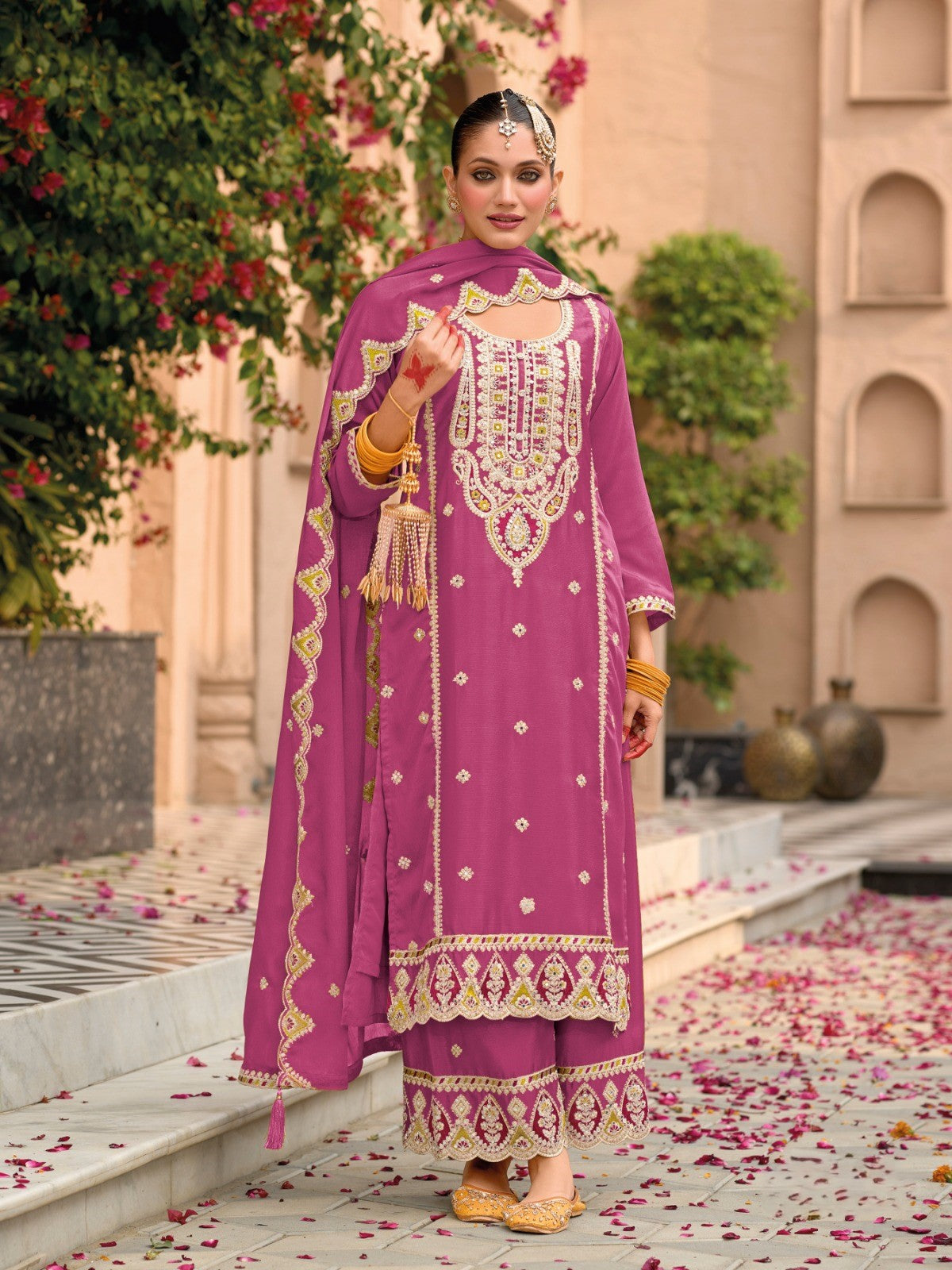 Magenta Designer Embroidered Chinon Palazzo Suit with Dupatta