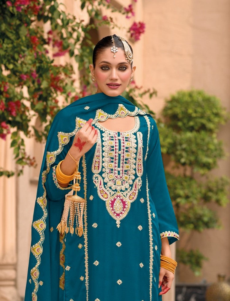 Teal Blue Designer Embroidered Chinon Palazzo Suit with Dupatta
