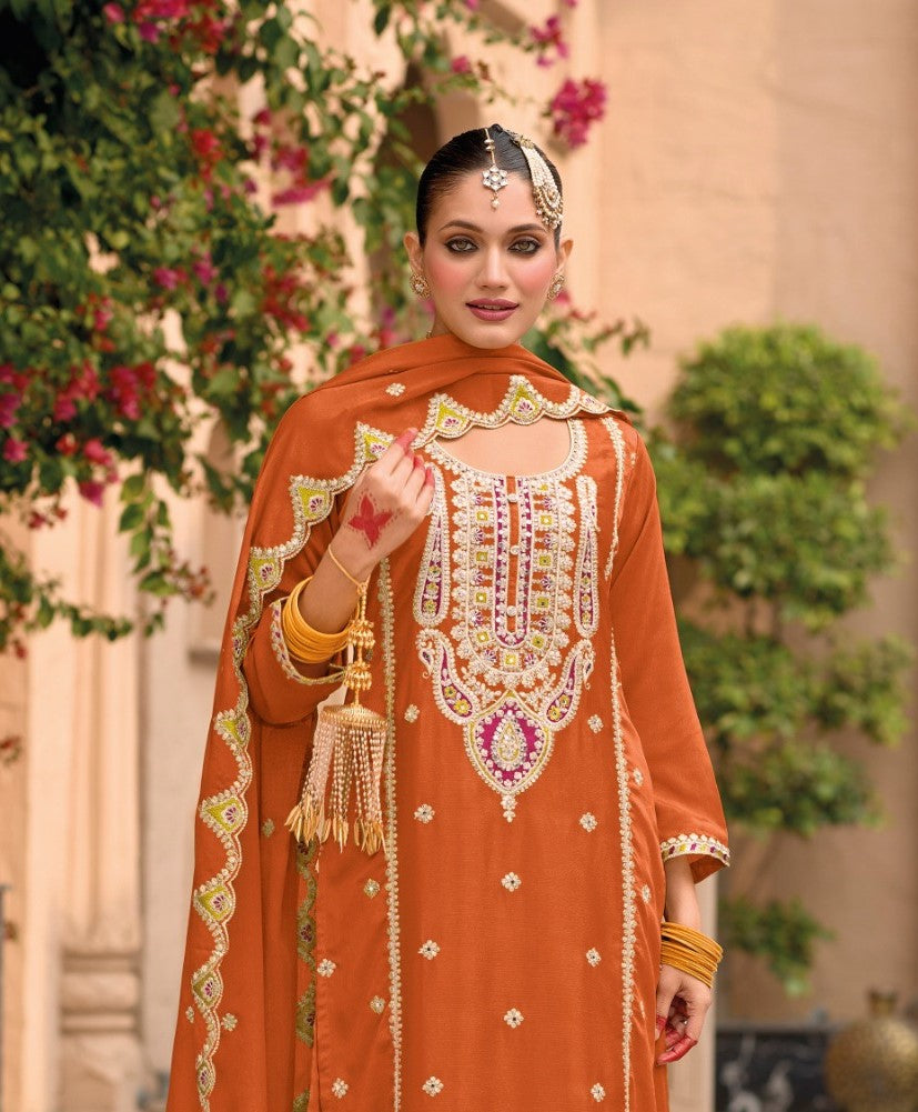 Rust Designer Embroidered Chinon Palazzo Suit with Dupatta