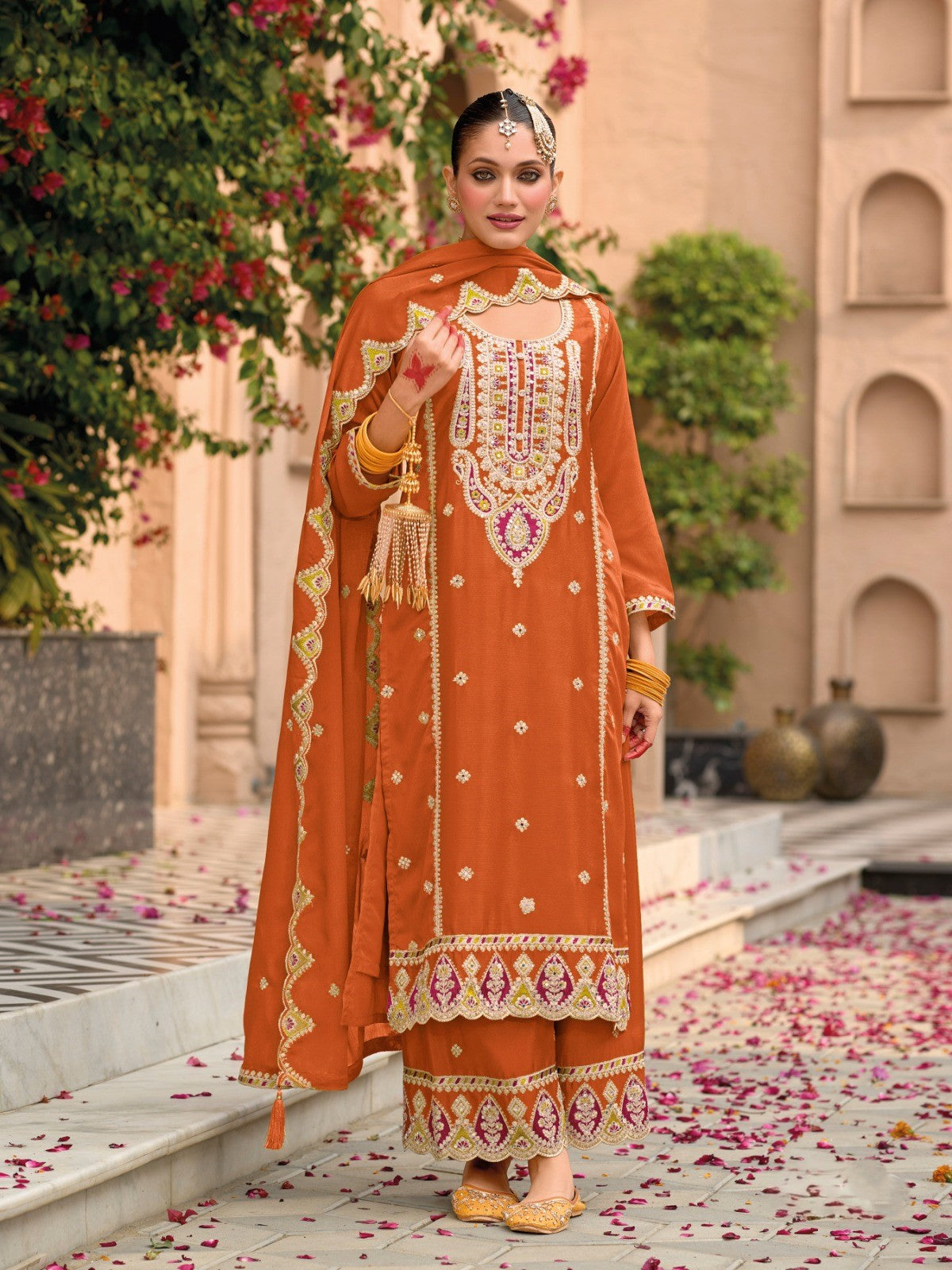 Rust Designer Embroidered Chinon Palazzo Suit with Dupatta