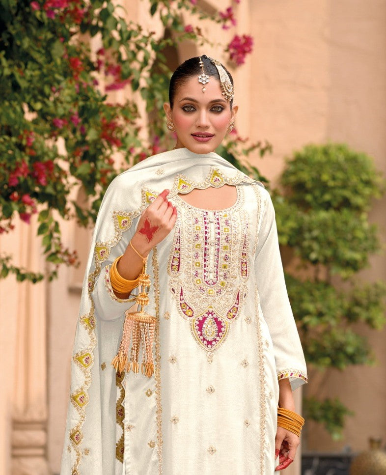 White Designer Embroidered Chinon Palazzo Suit with Dupatta