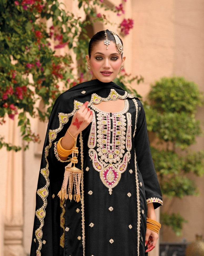 Black Designer Embroidered Chinon Palazzo Suit with Dupatta