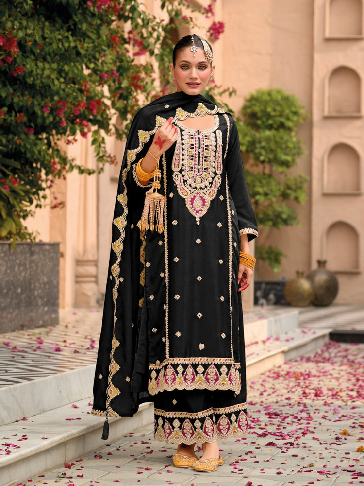 Black Designer Embroidered Chinon Palazzo Suit