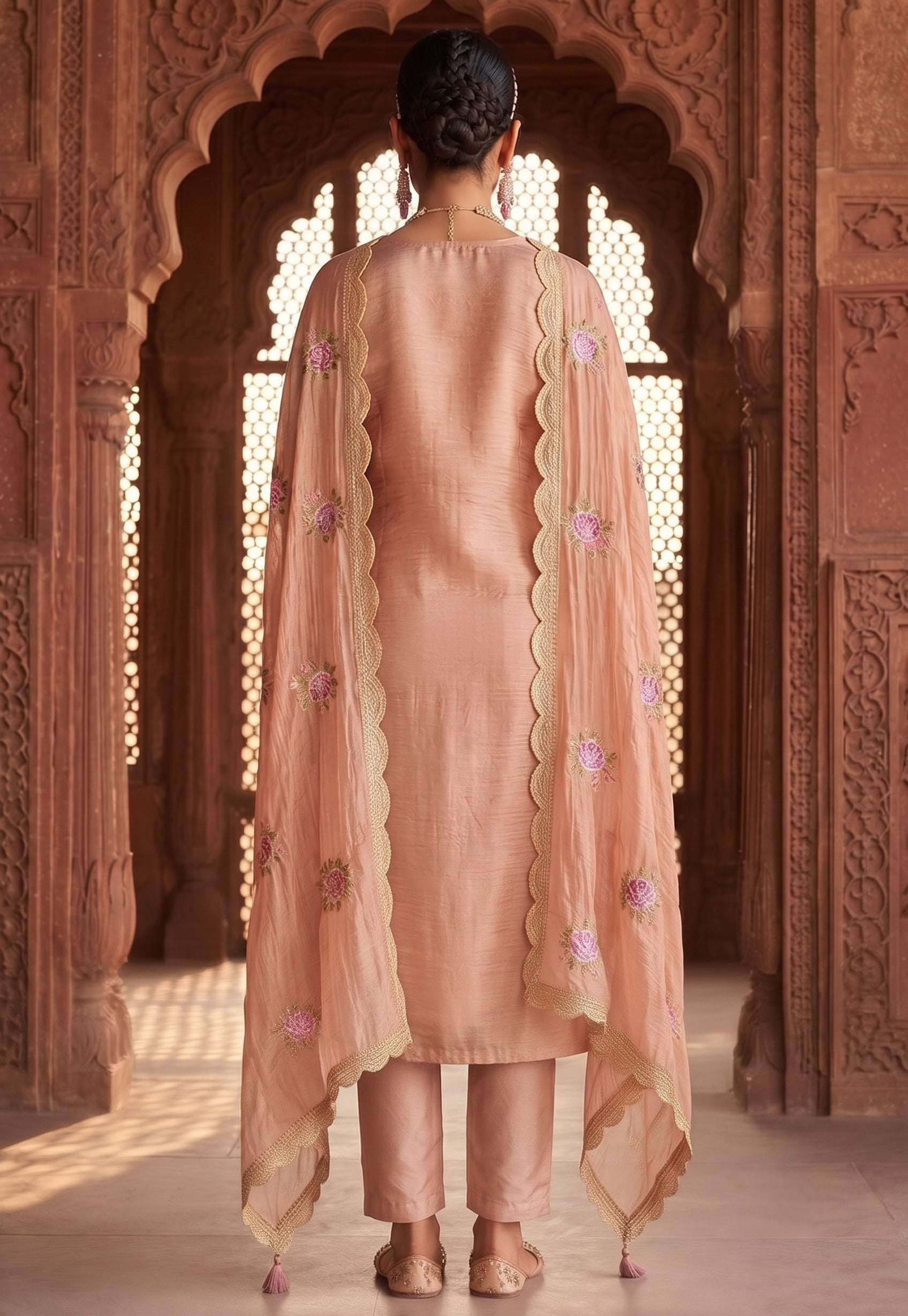 Pink Gold Silk Embroidered Semi-Stitched Salwar Suit with Dupatta