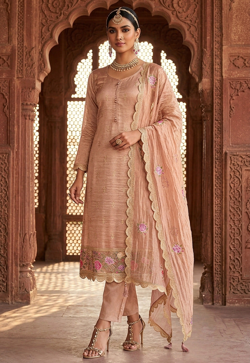 Pink Gold Silk Embroidered Semi-Stitched Salwar Suit with Dupatta