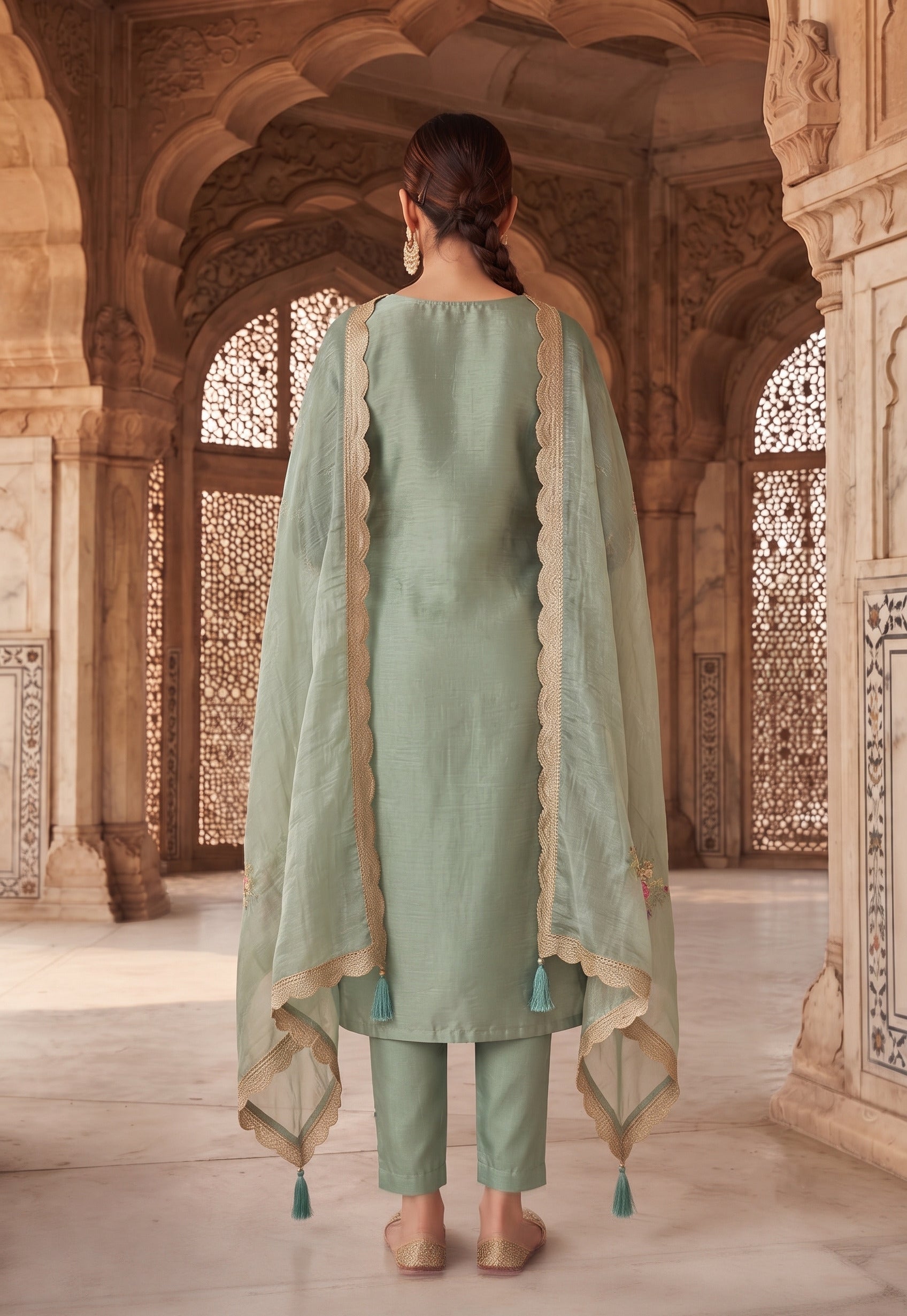 Sage Green Gold Silk Embroidered Semi-Stitched Salwar Suit with Dupatta