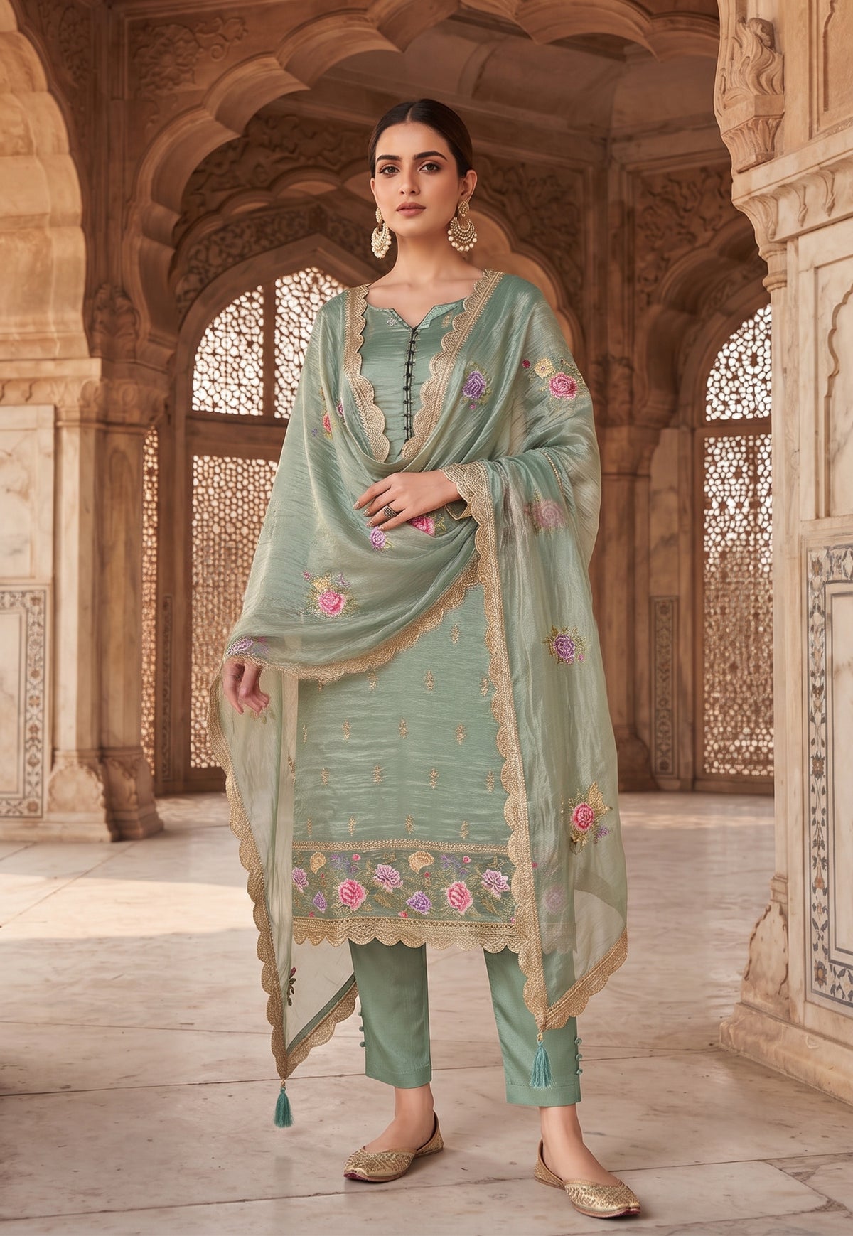 Sage Green Gold Silk Embroidered Semi-Stitched Salwar Suit with Dupatta