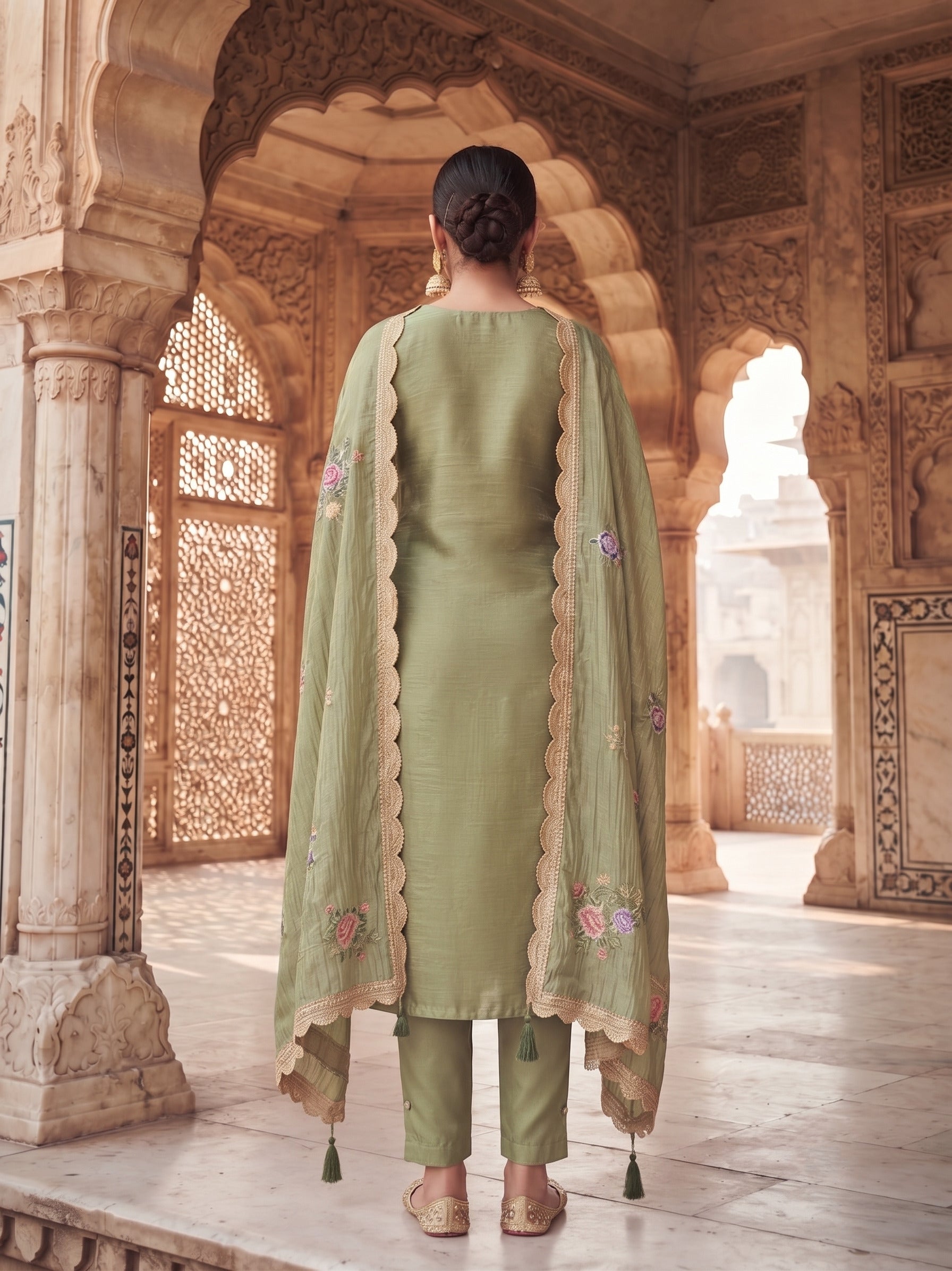 Olive Green Gold Silk Embroidered Semi-Stitched Salwar Suit with Dupatta