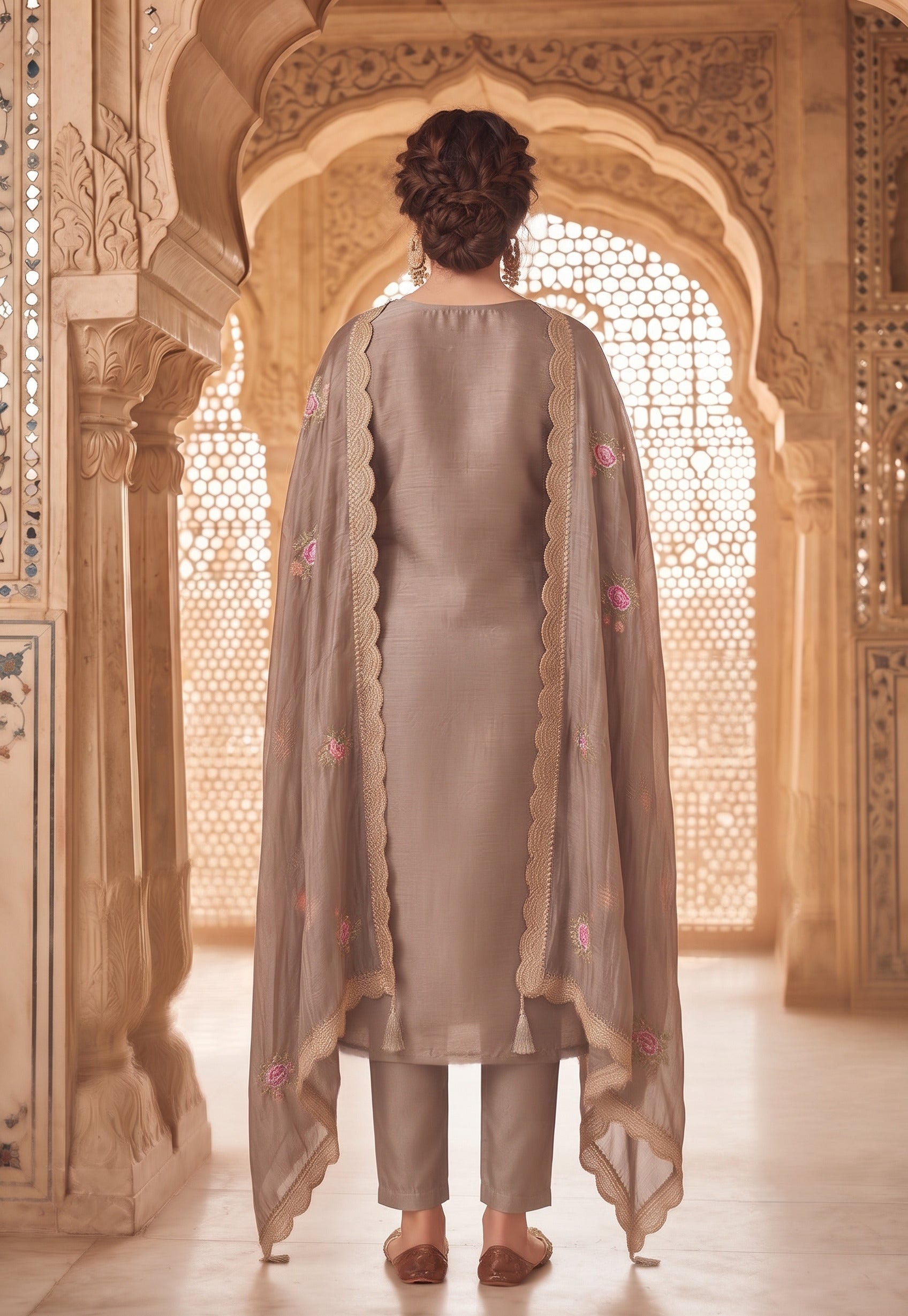 Taupe Brown Gold Silk Embroidered Semi-Stitched Salwar Suit with Dupatta