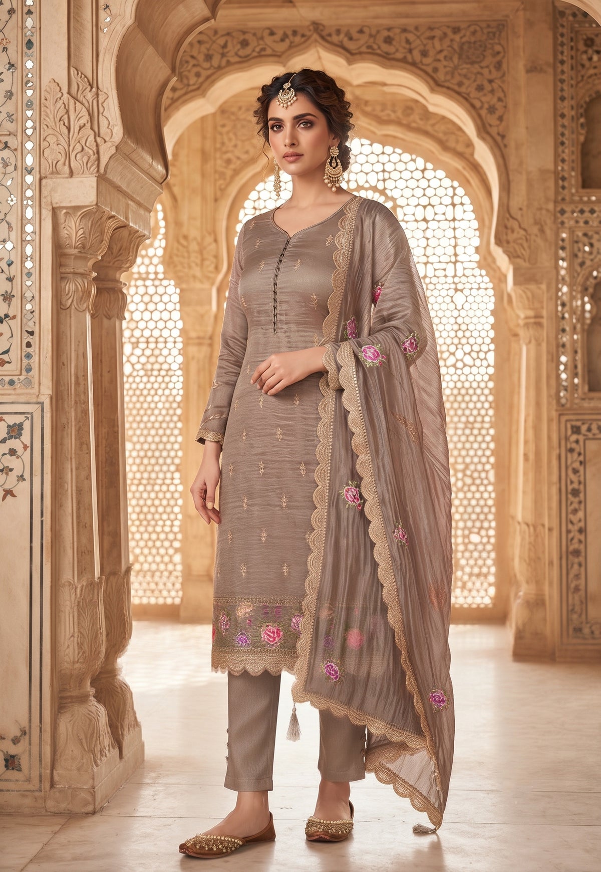 Taupe Brown Gold Silk Embroidered Semi-Stitched Salwar Suit with Dupatta