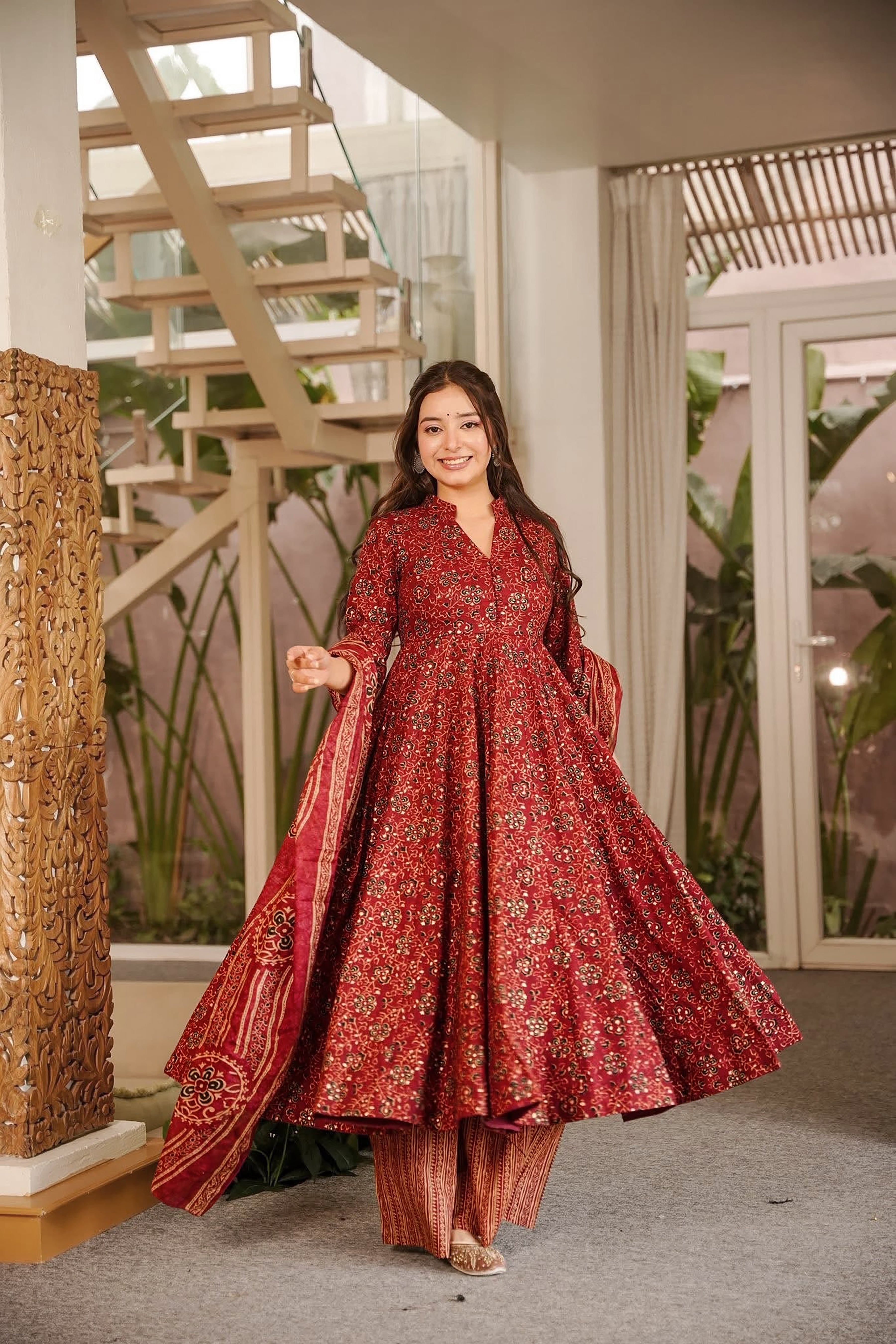 Women's Maroon Floral Printed Anarkali Kurta Set with Dupatta | Elegant Ethnic Wear