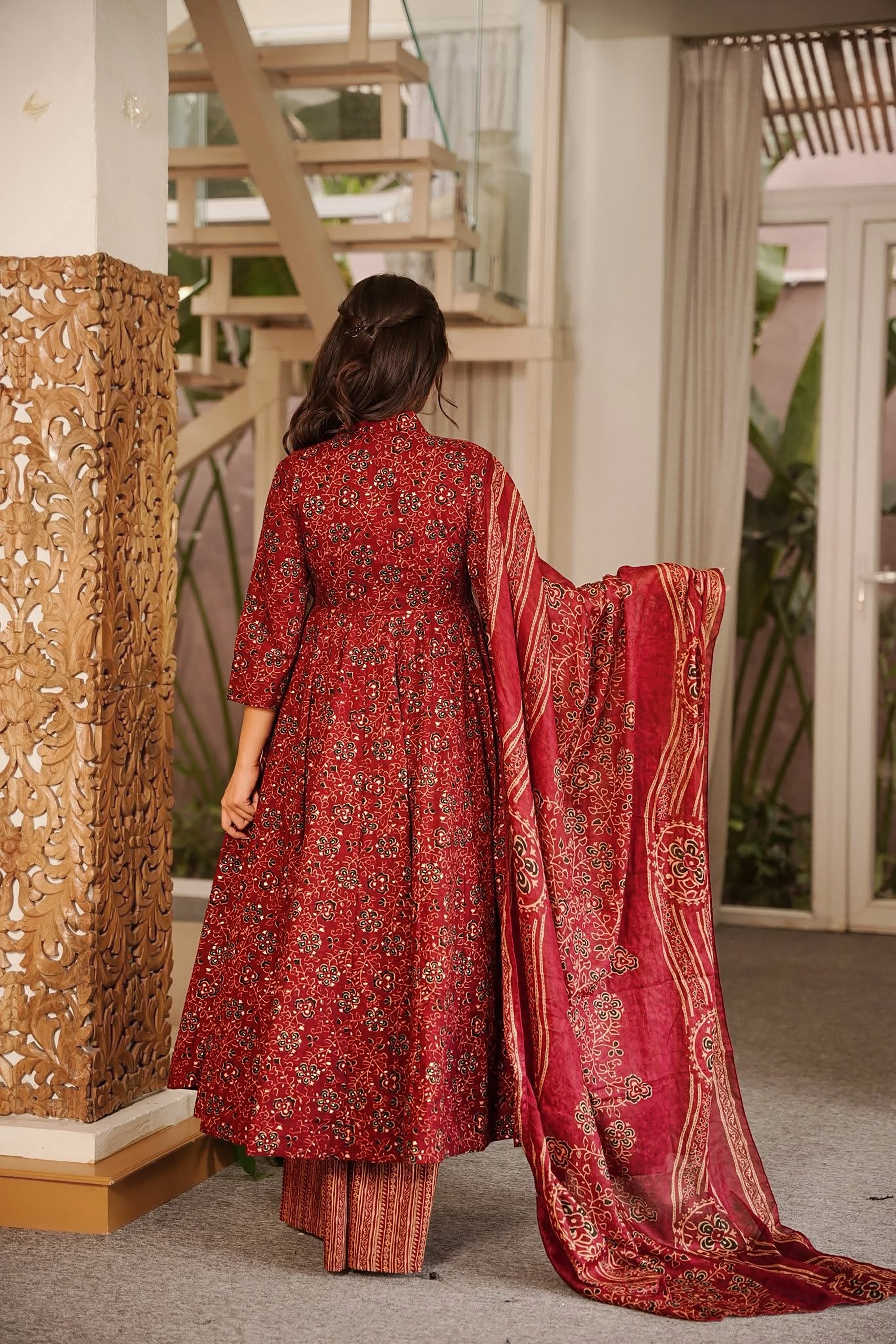Women's Maroon Floral Printed Anarkali Kurta Set with Dupatta | Elegant Ethnic Wear