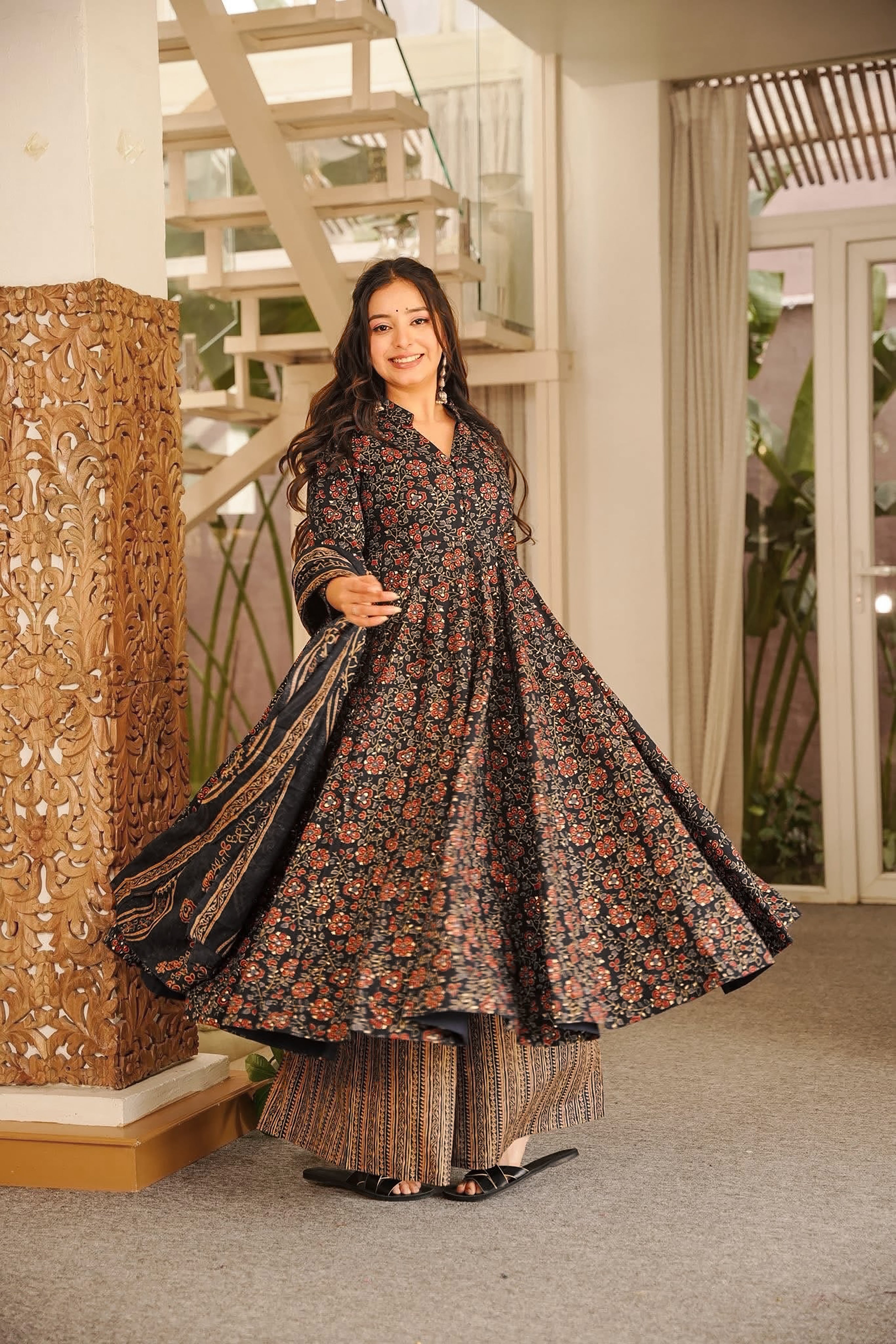 Women's Black Abstract Printed Anarkali Kurta Set with Dupatta | Stylish Ethnic Wear
