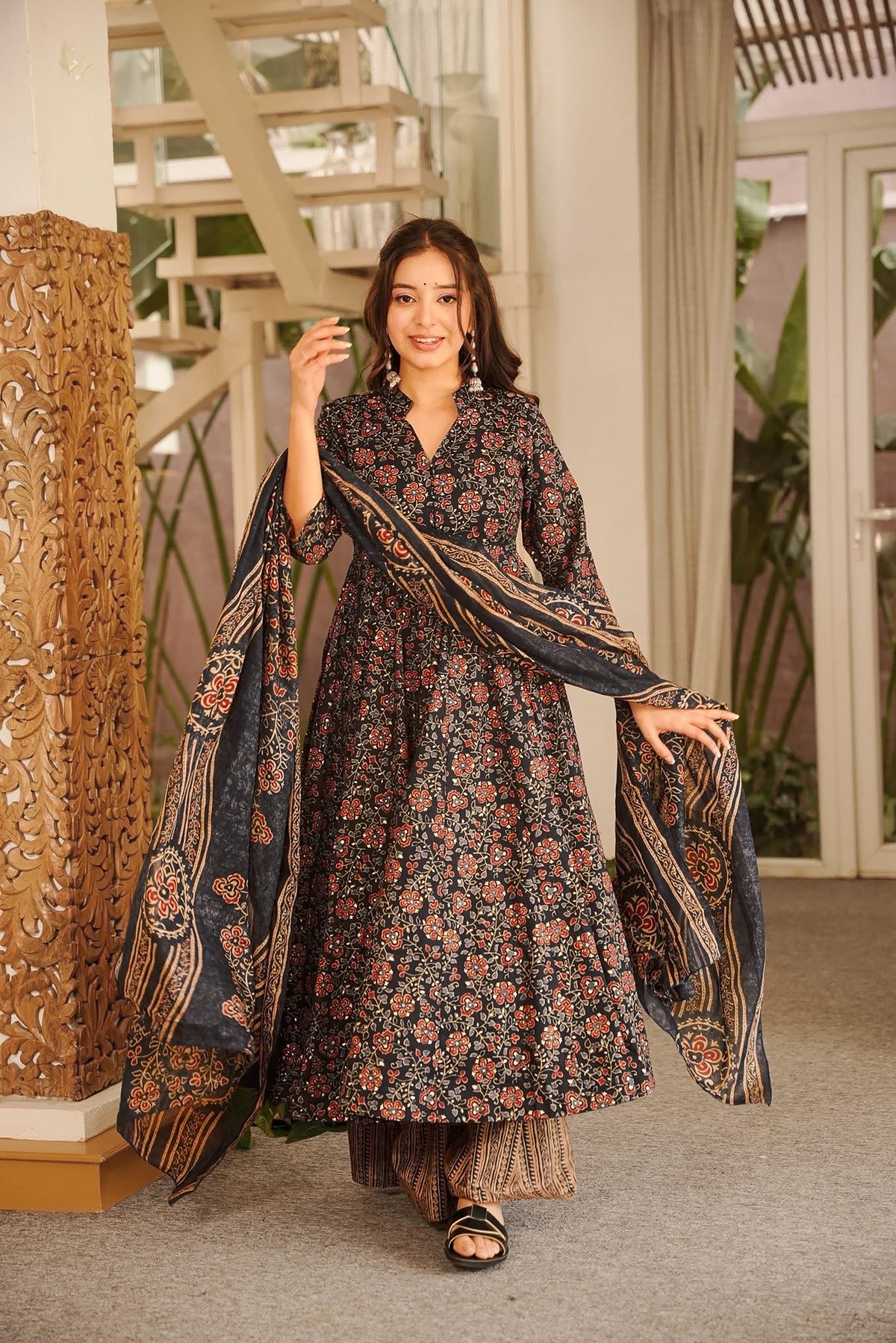 Women's Black Abstract Printed Anarkali Kurta Set with Dupatta | Stylish Ethnic Wear