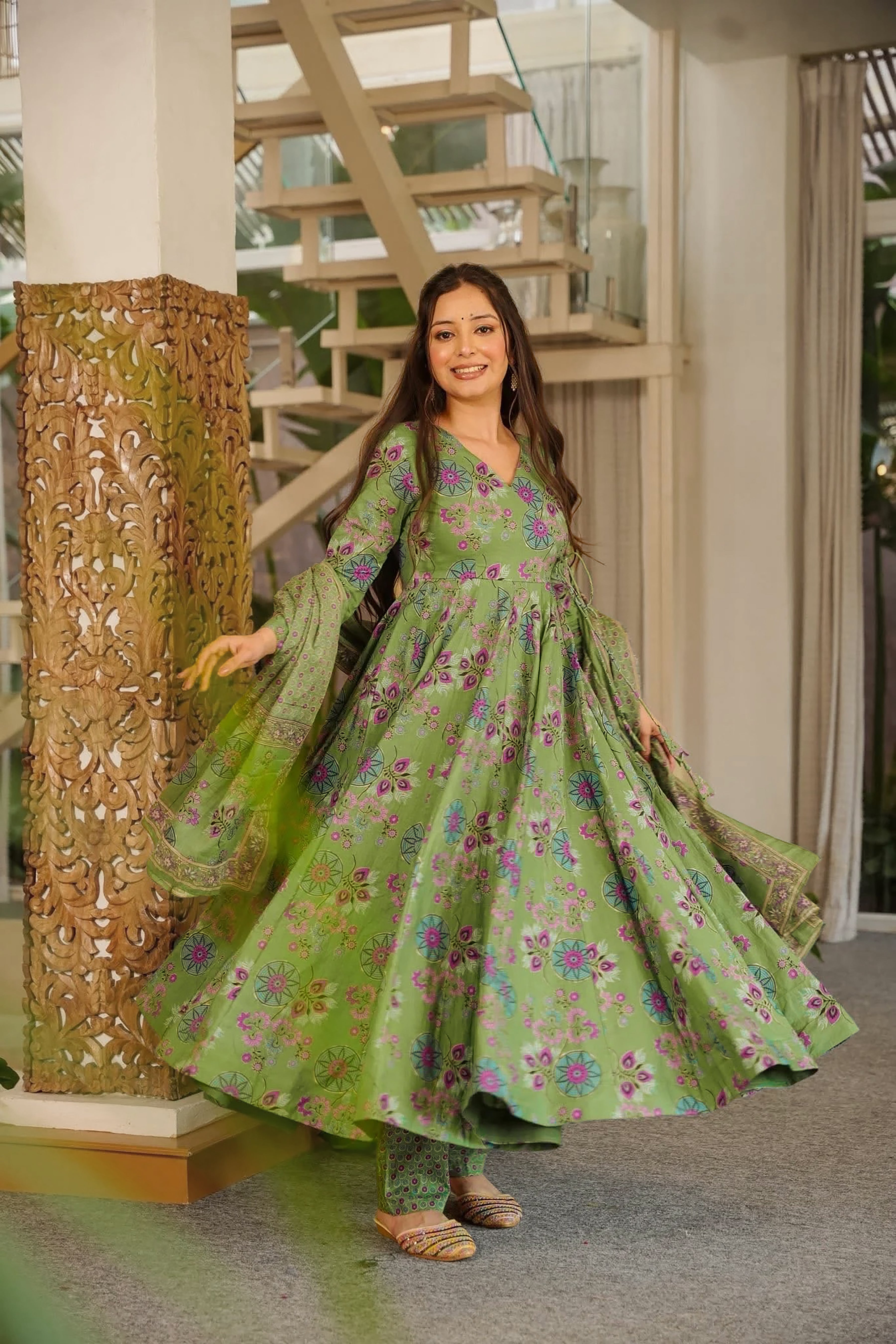 Women's Green Floral Printed Anarkali Kurta Set with Dupatta | Traditional Ethnic Wear