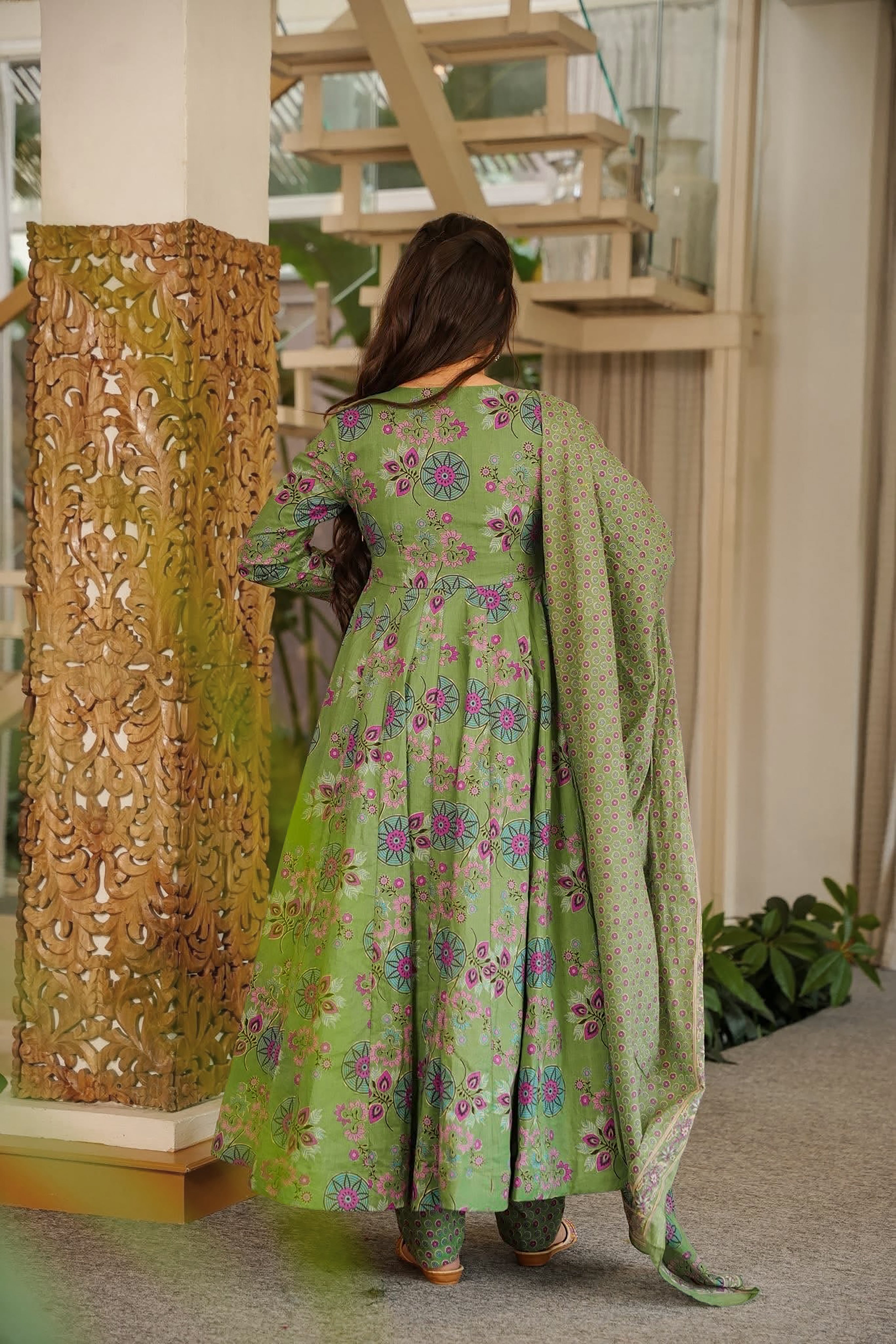 Women's Green Floral Printed Anarkali Kurta Set with Dupatta | Traditional Ethnic Wear