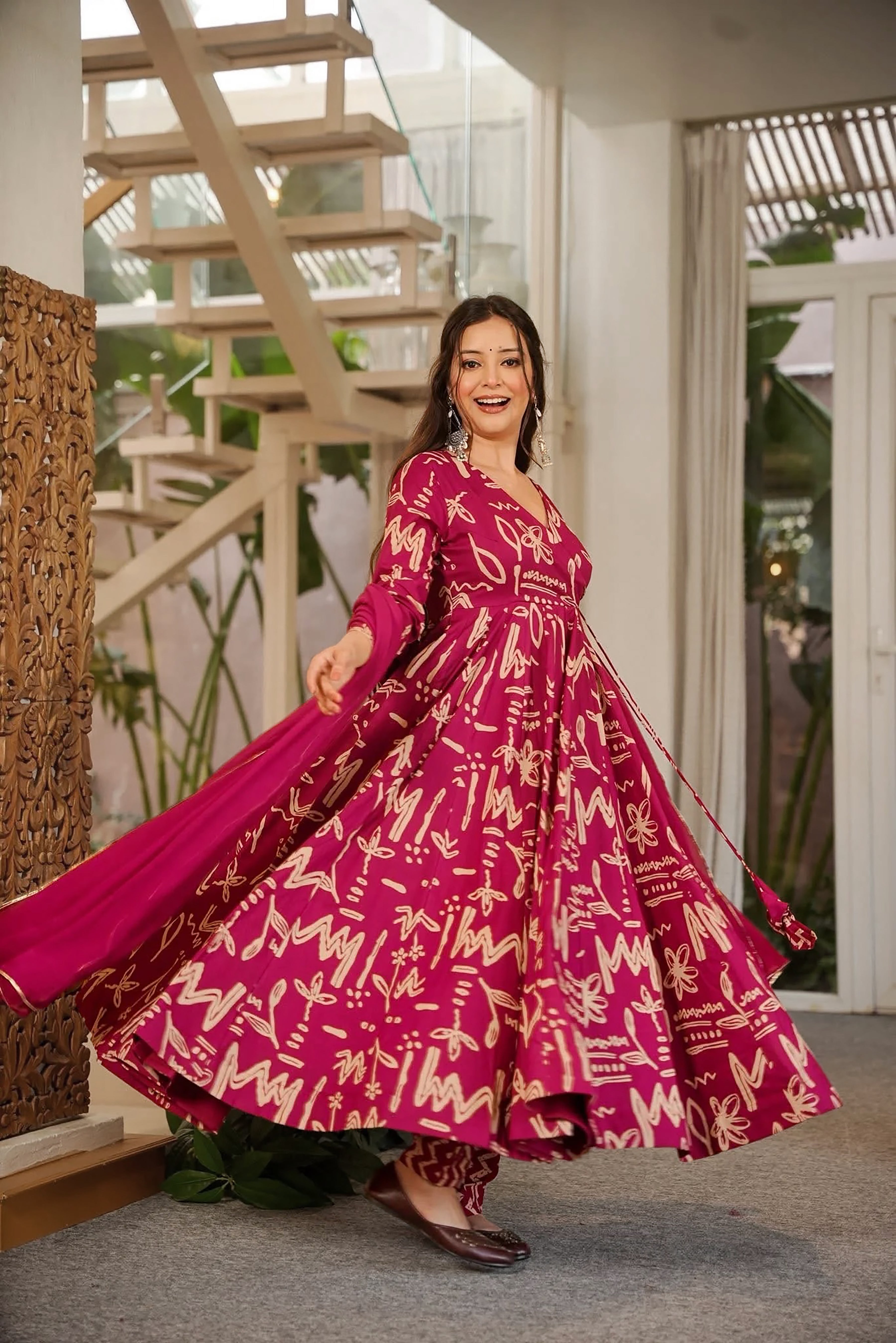 Women's Pink Floral Printed Anarkali Kurta Set with Dupatta | Festive Ethnic Wear